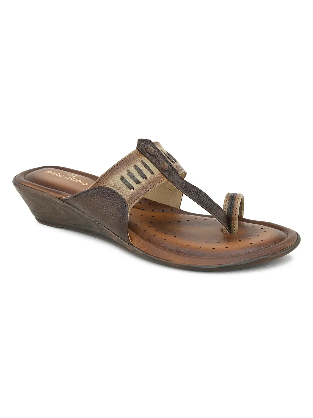 Pelle Albero Women's Beige Leather Slip-On Wedge Heel Sandals