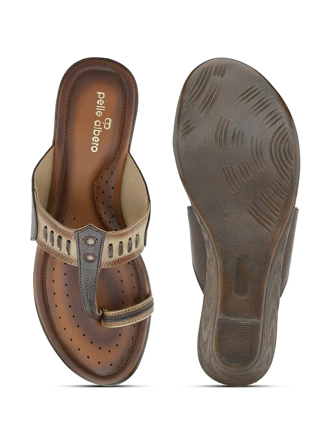 Pelle Albero Women's Beige Leather Slip-On Wedge Heel Sandals