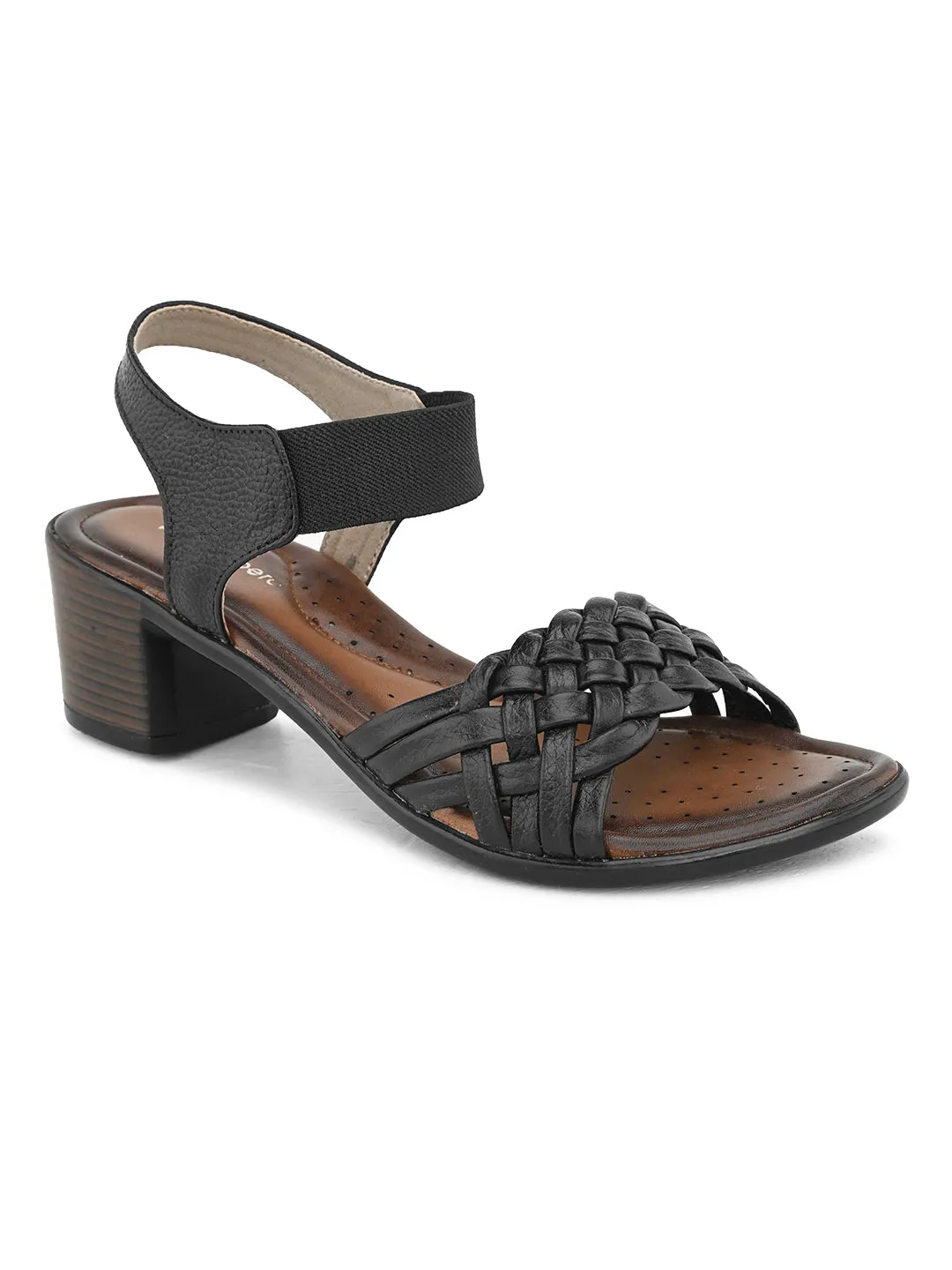 Pelle Albero Women's Black Leather Ankle Buckle-Strap Block Heel Sandals