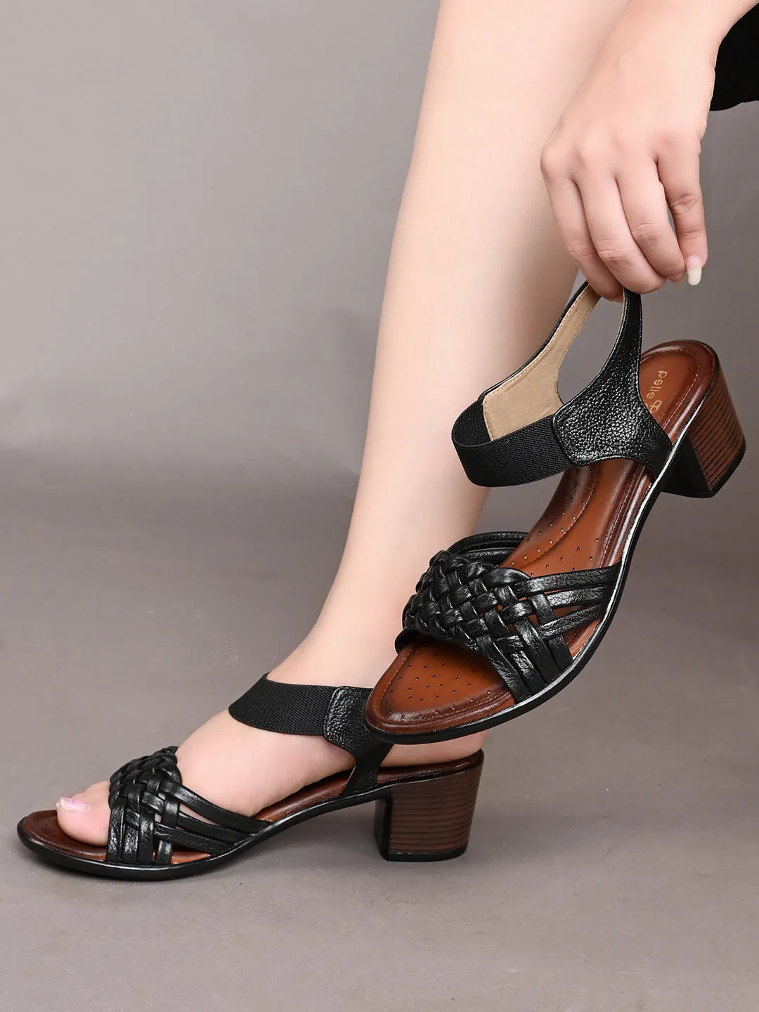 Pelle Albero Women's Black Leather Ankle Buckle-Strap Block Heel Sandals