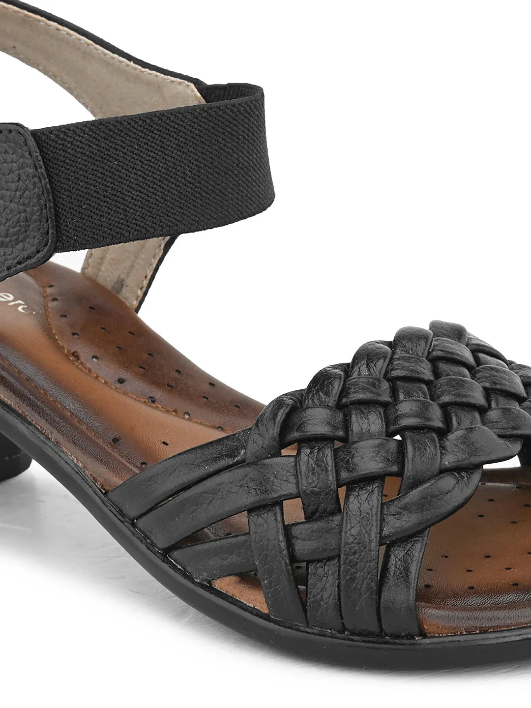 Pelle Albero Women's Black Leather Ankle Buckle-Strap Block Heel Sandals