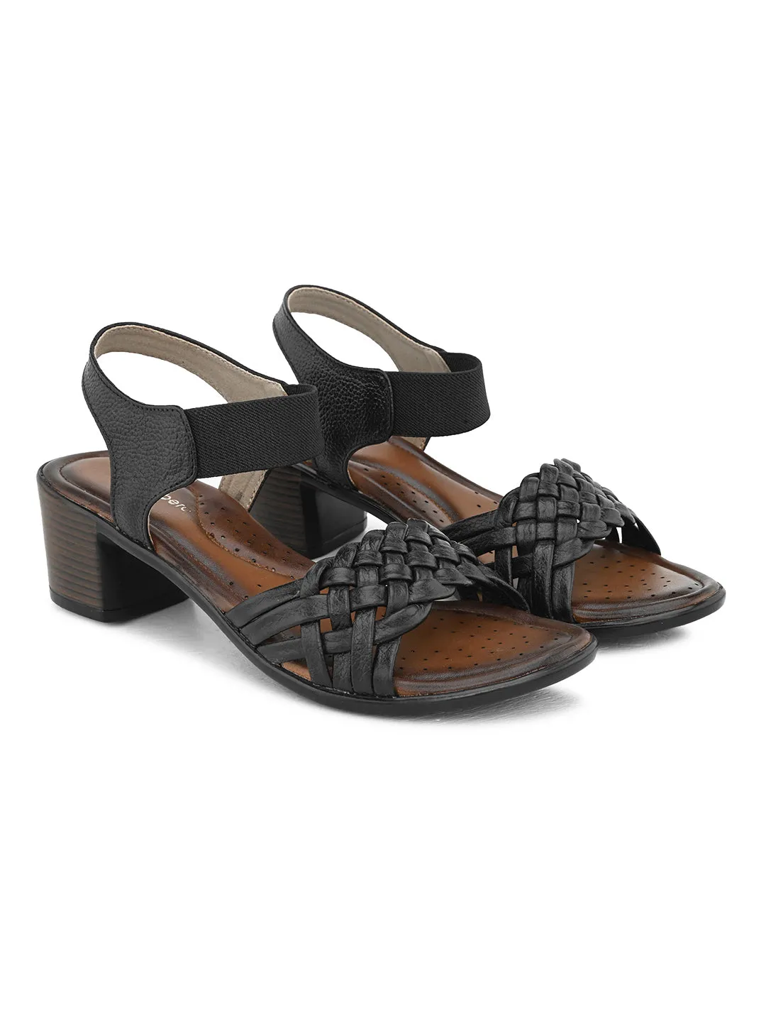 Pelle Albero Women's Black Leather Ankle Buckle-Strap Block Heel Sandals