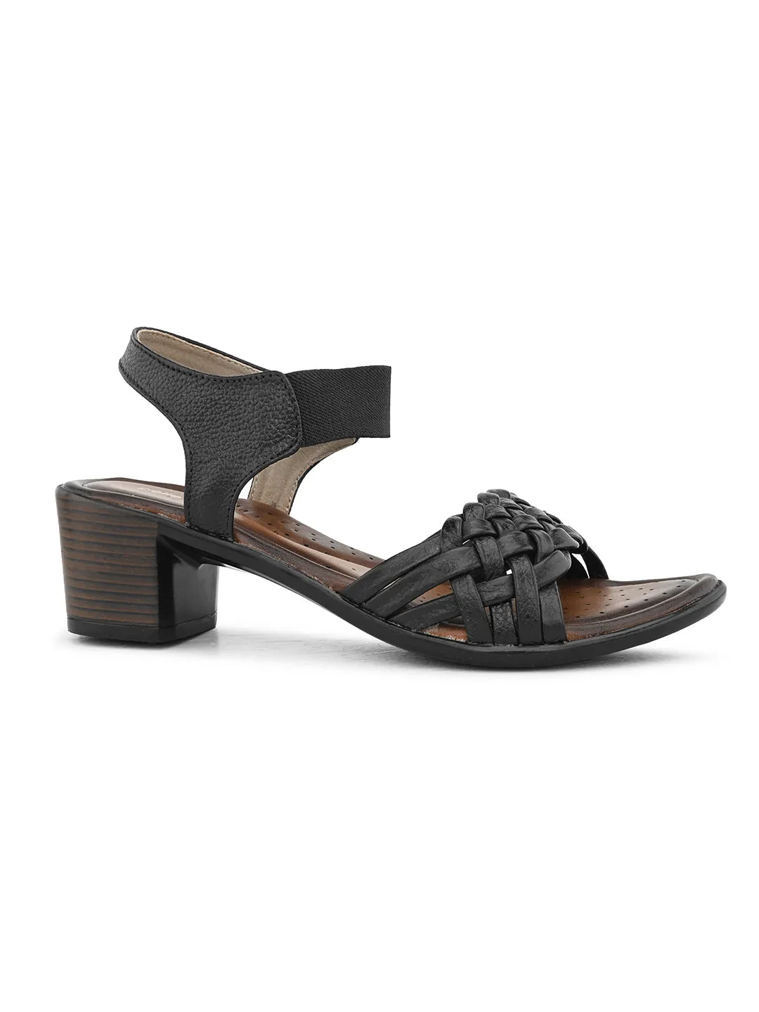 Pelle Albero Women's Black Leather Ankle Buckle-Strap Block Heel Sandals