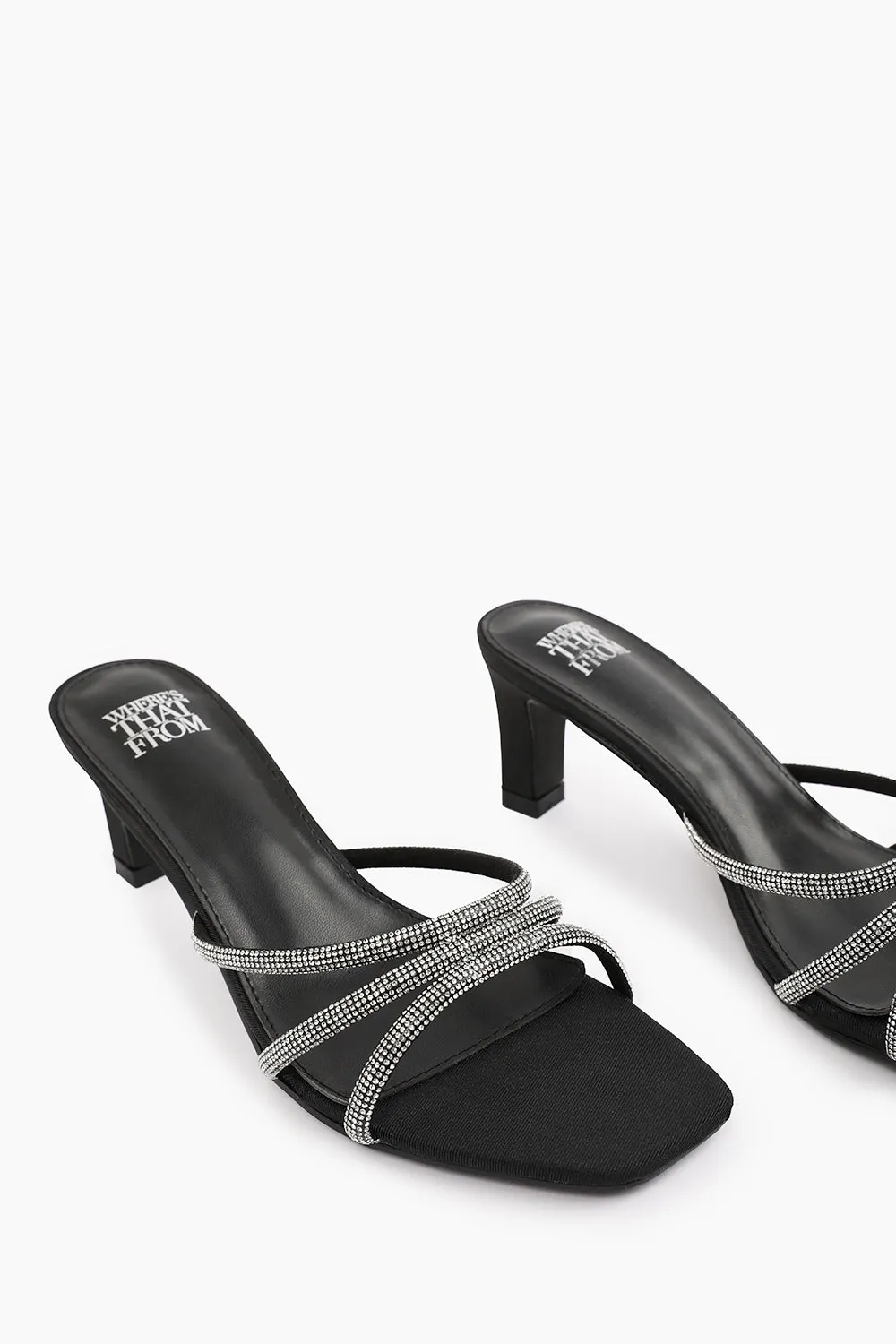 PENELOPE WIDE FIT SQUARE TOE LOW BLOCK HEEL WITH DIAMANTE STRAP DETAIL IN BLACK SATIN