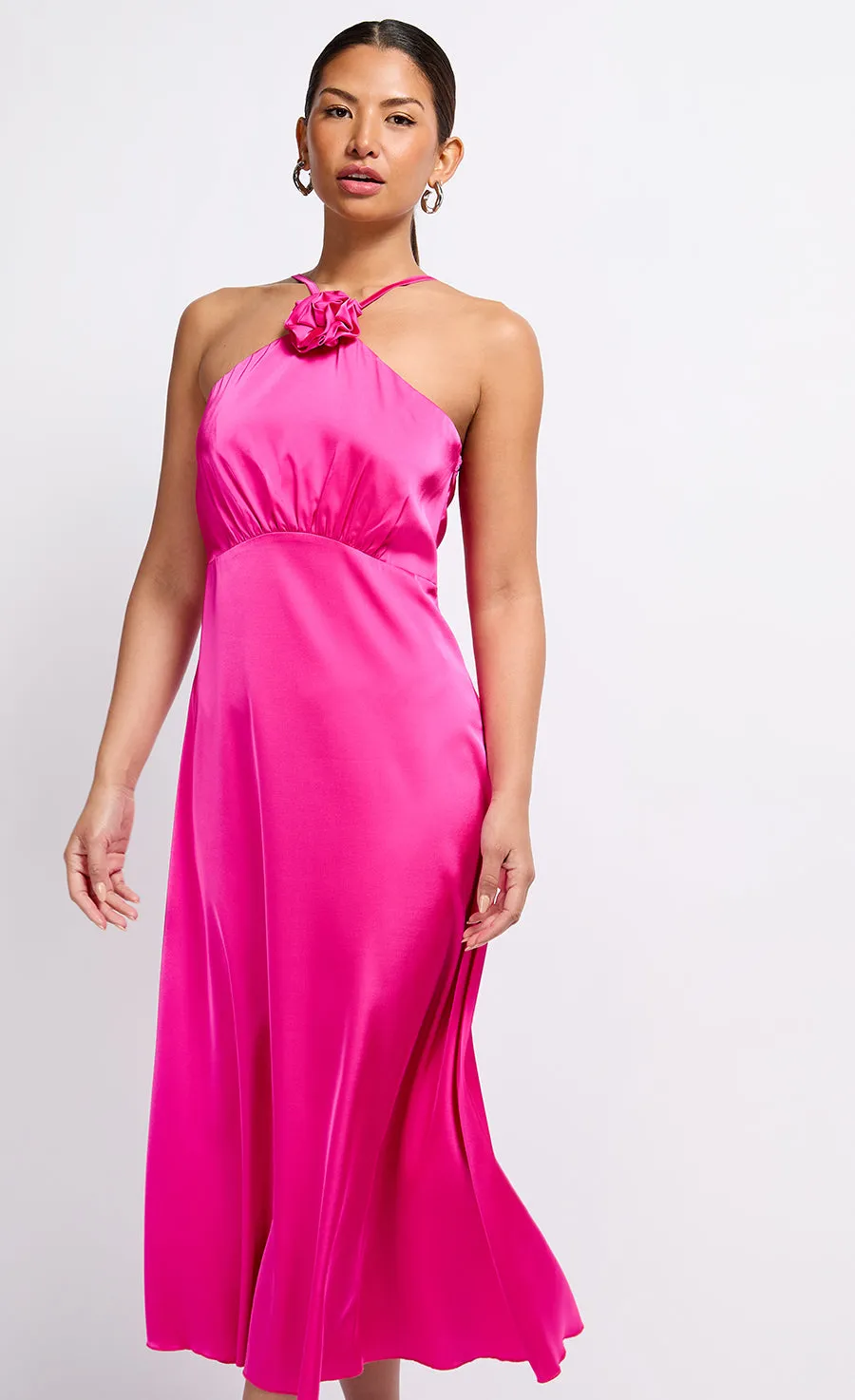 Pink Satin Rosette Midaxi Dress by Vogue Williams