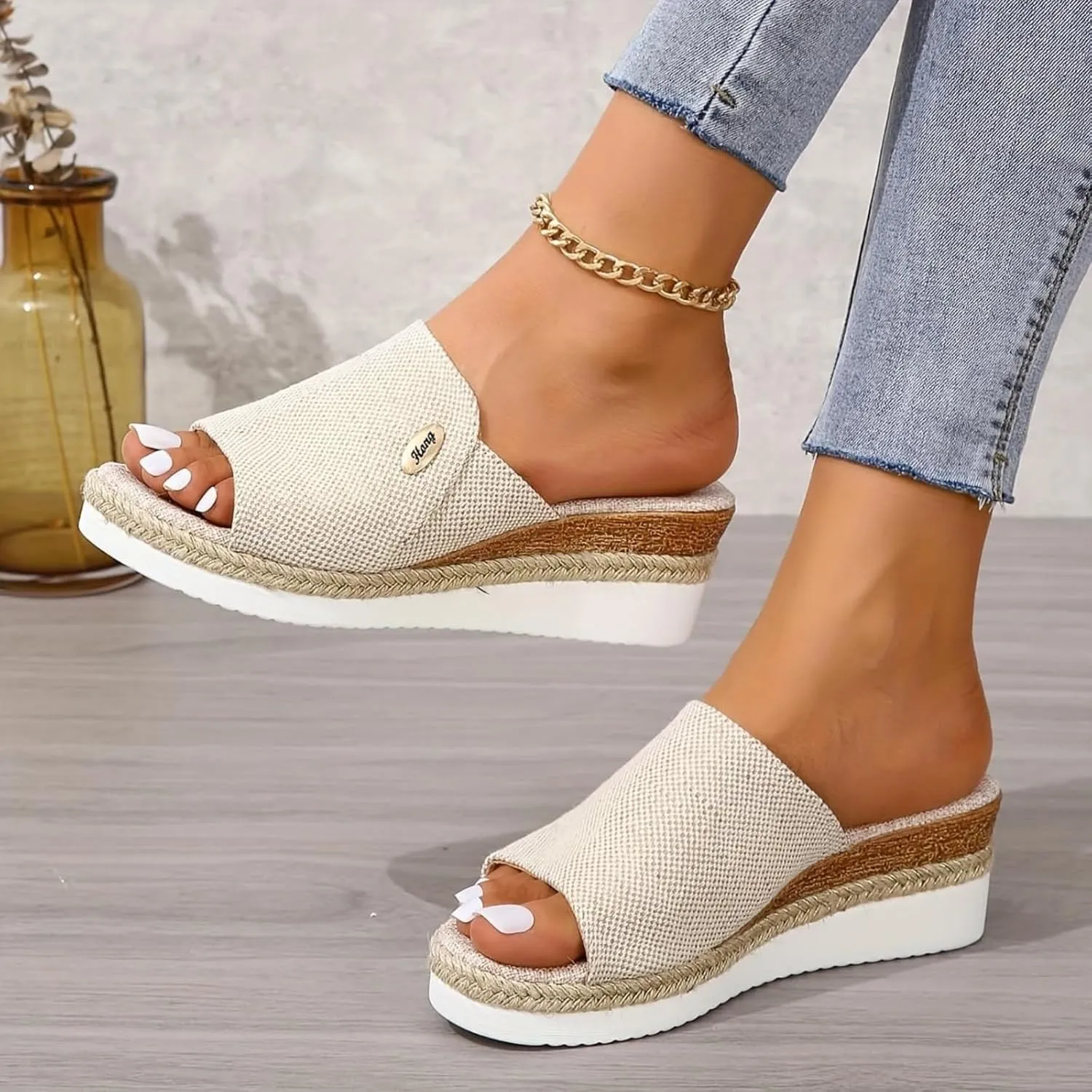 Platform Sandals Women Slip-on Espadrille Bohemia Wedge Sandals Comfort Dressy Summer Open Toe Canvas Slides Outdoor Walking Beach Vacation Espadrilles Slip On Slide Mules Casual Heels