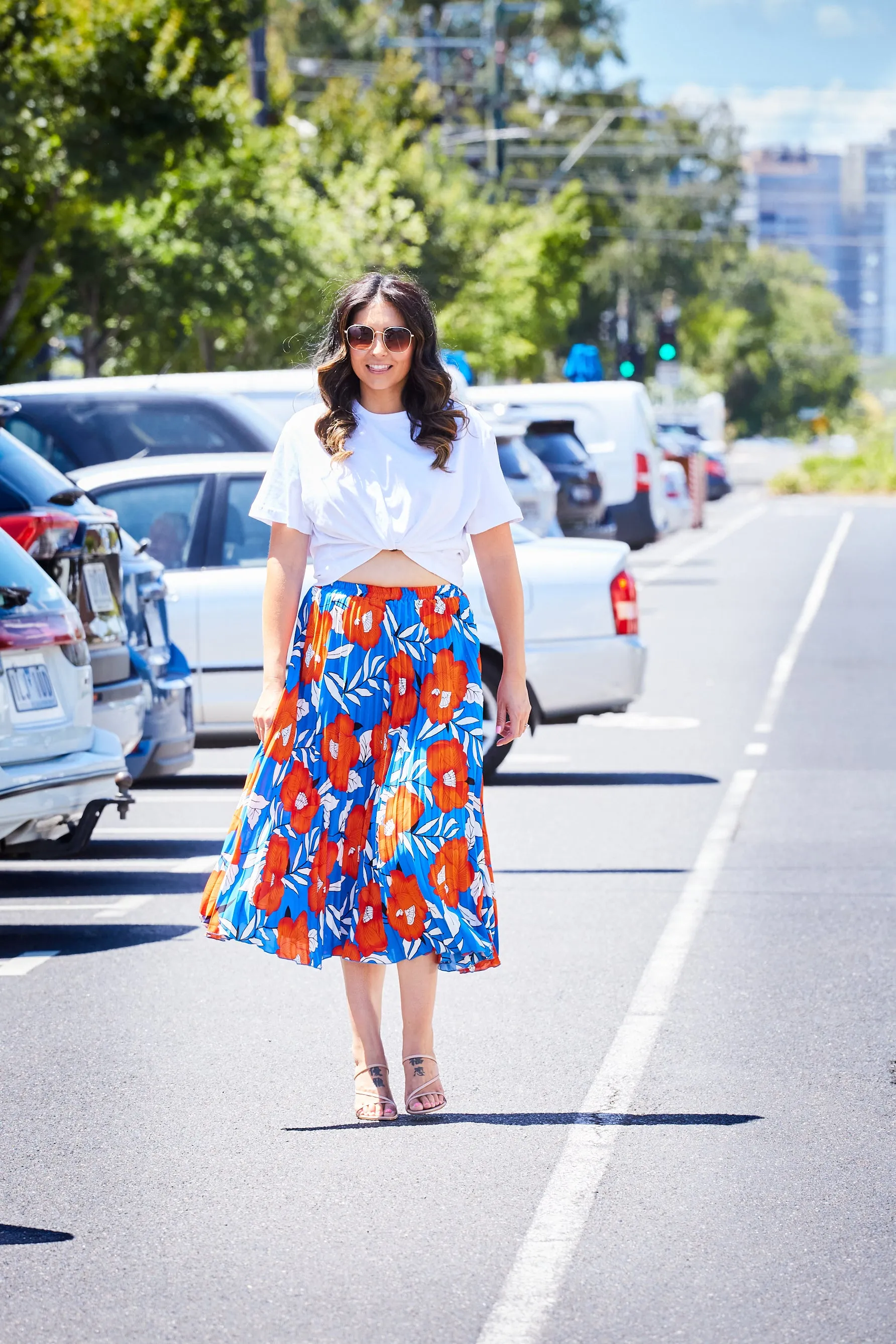 Pleated Midi Skirt - Floral Orange