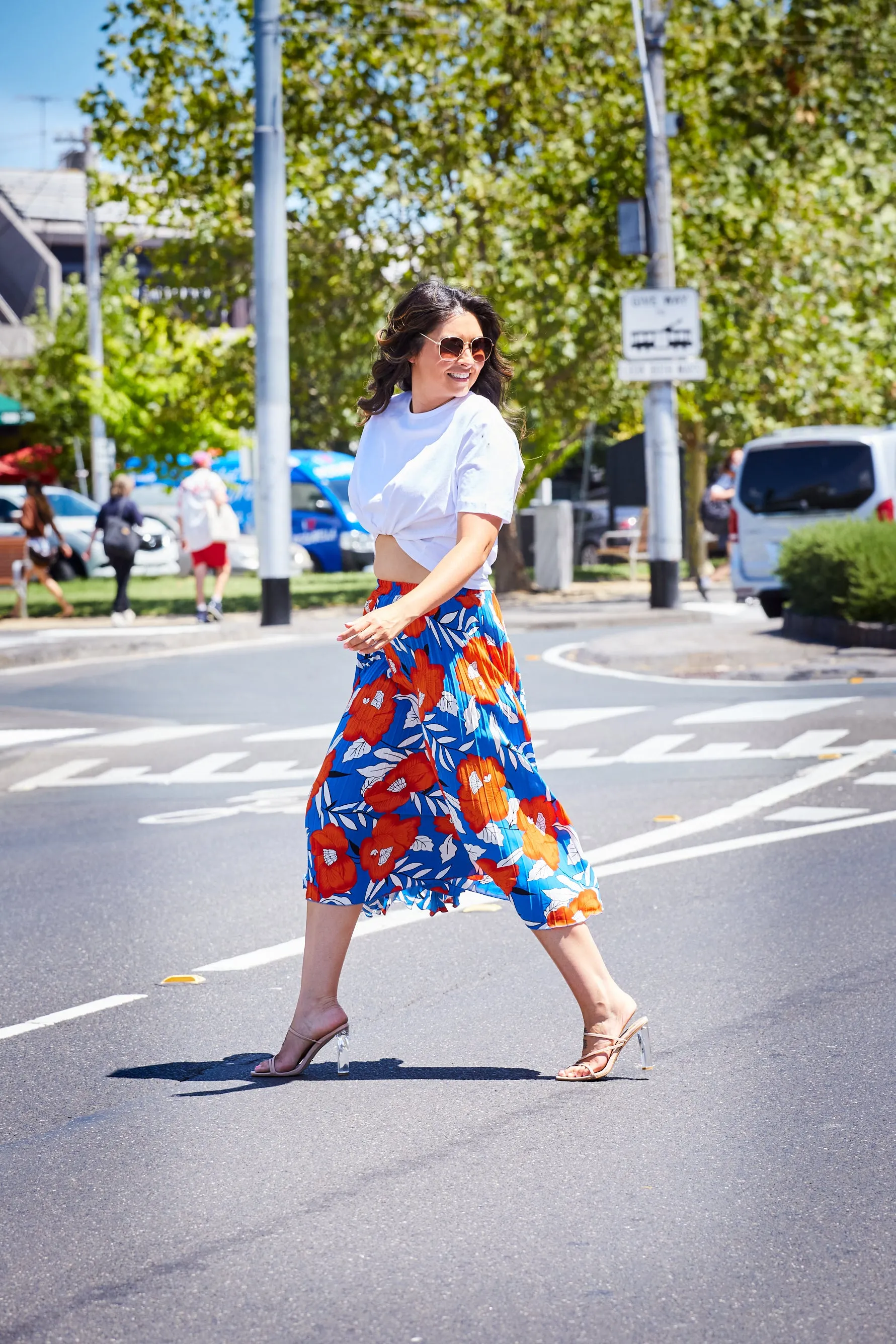 Pleated Midi Skirt - Floral Orange