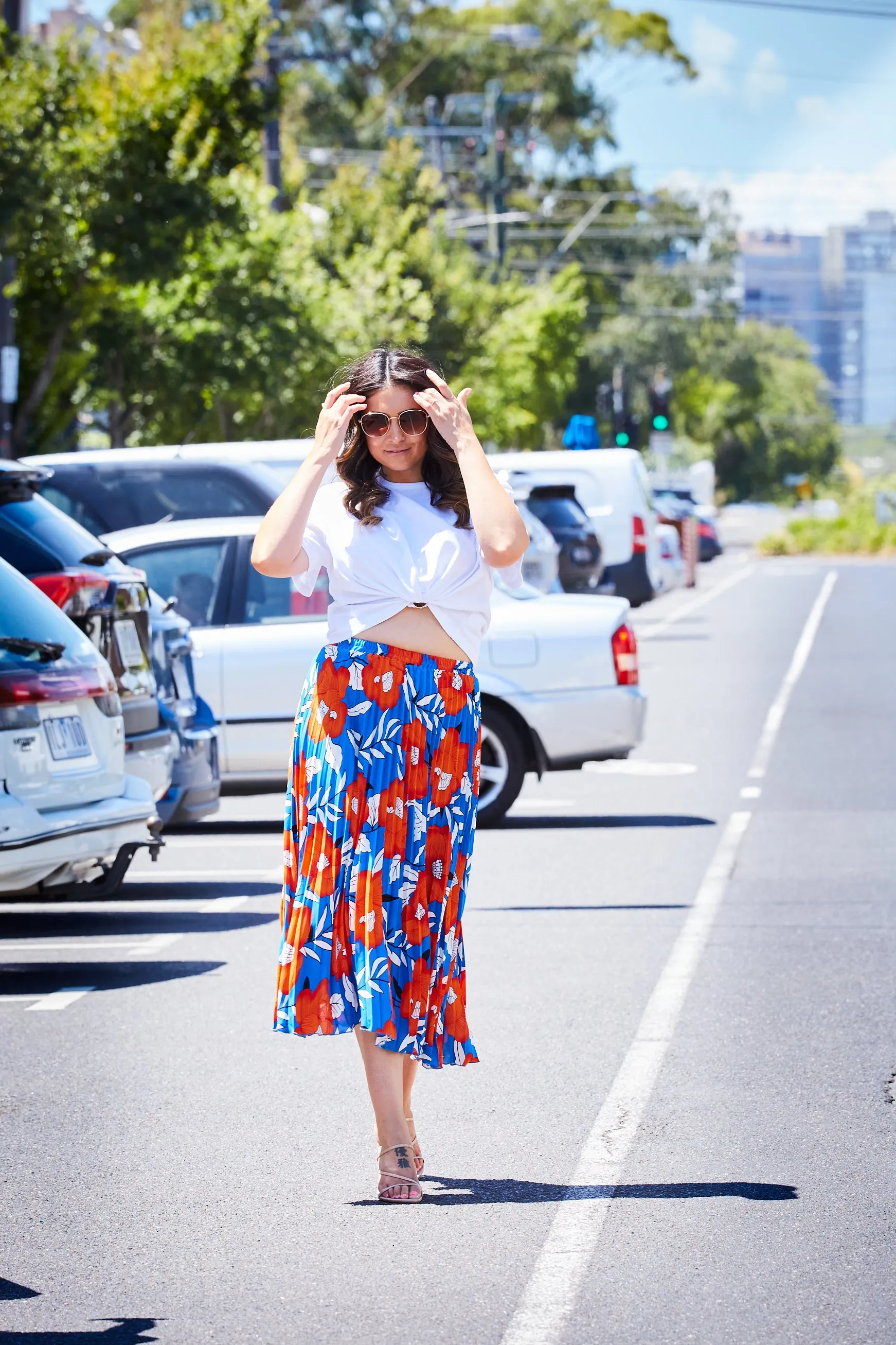 Pleated Midi Skirt - Floral Orange