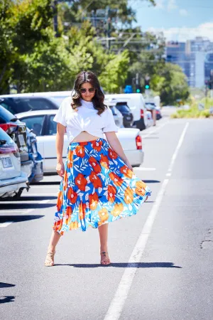 Pleated Midi Skirt - Floral Orange