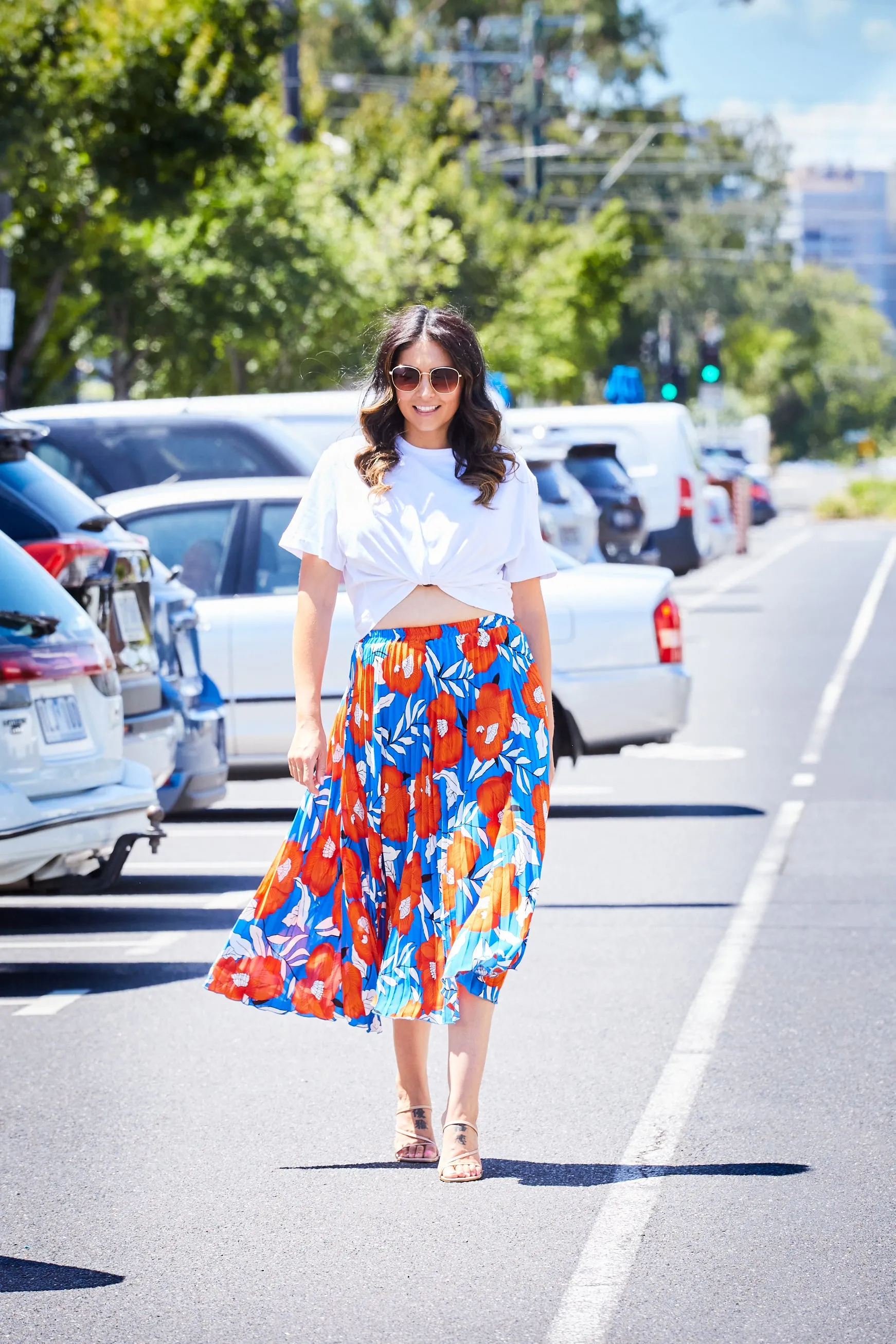 Pleated Midi Skirt - Floral Orange