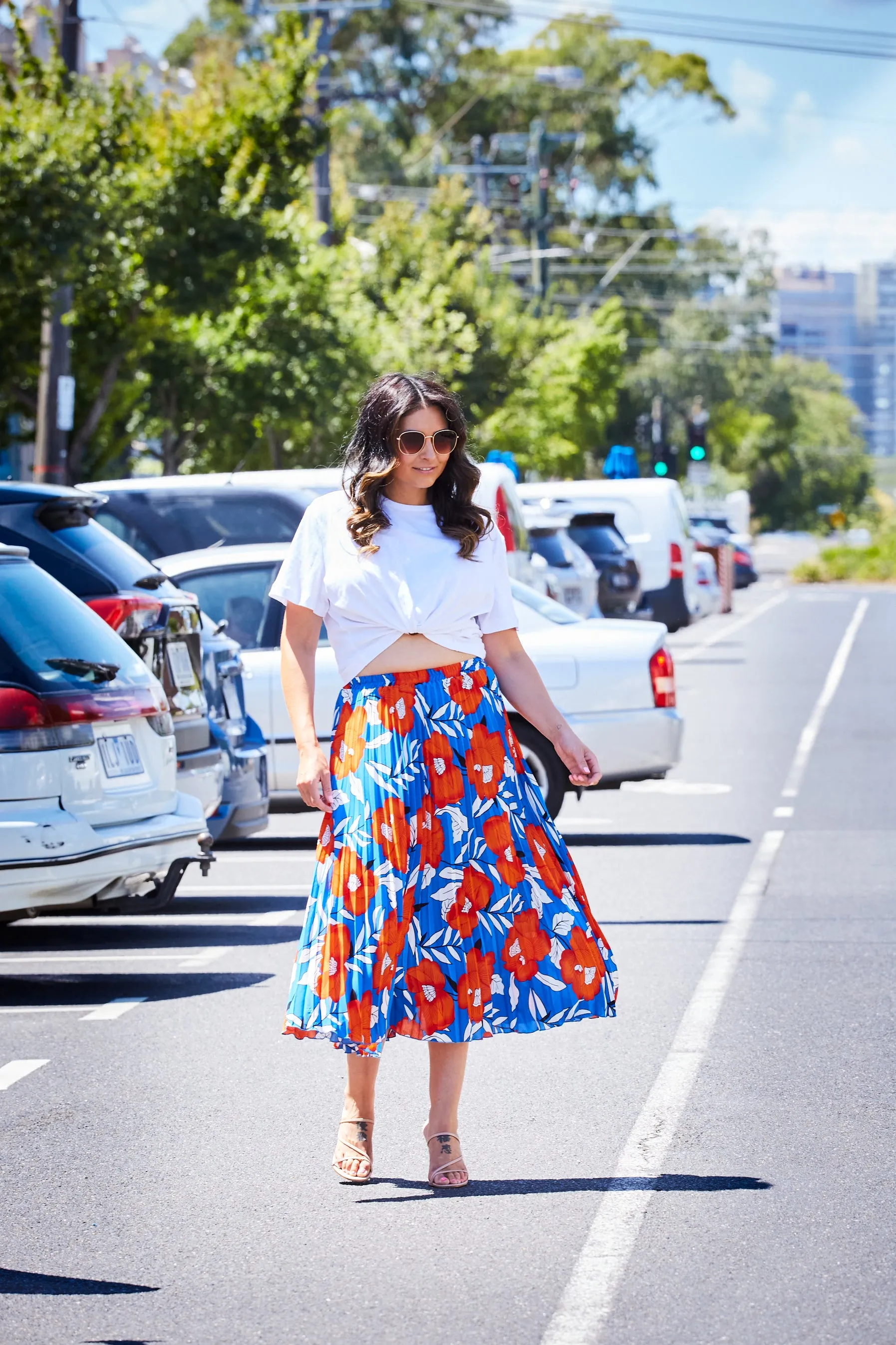 Pleated Midi Skirt - Floral Orange