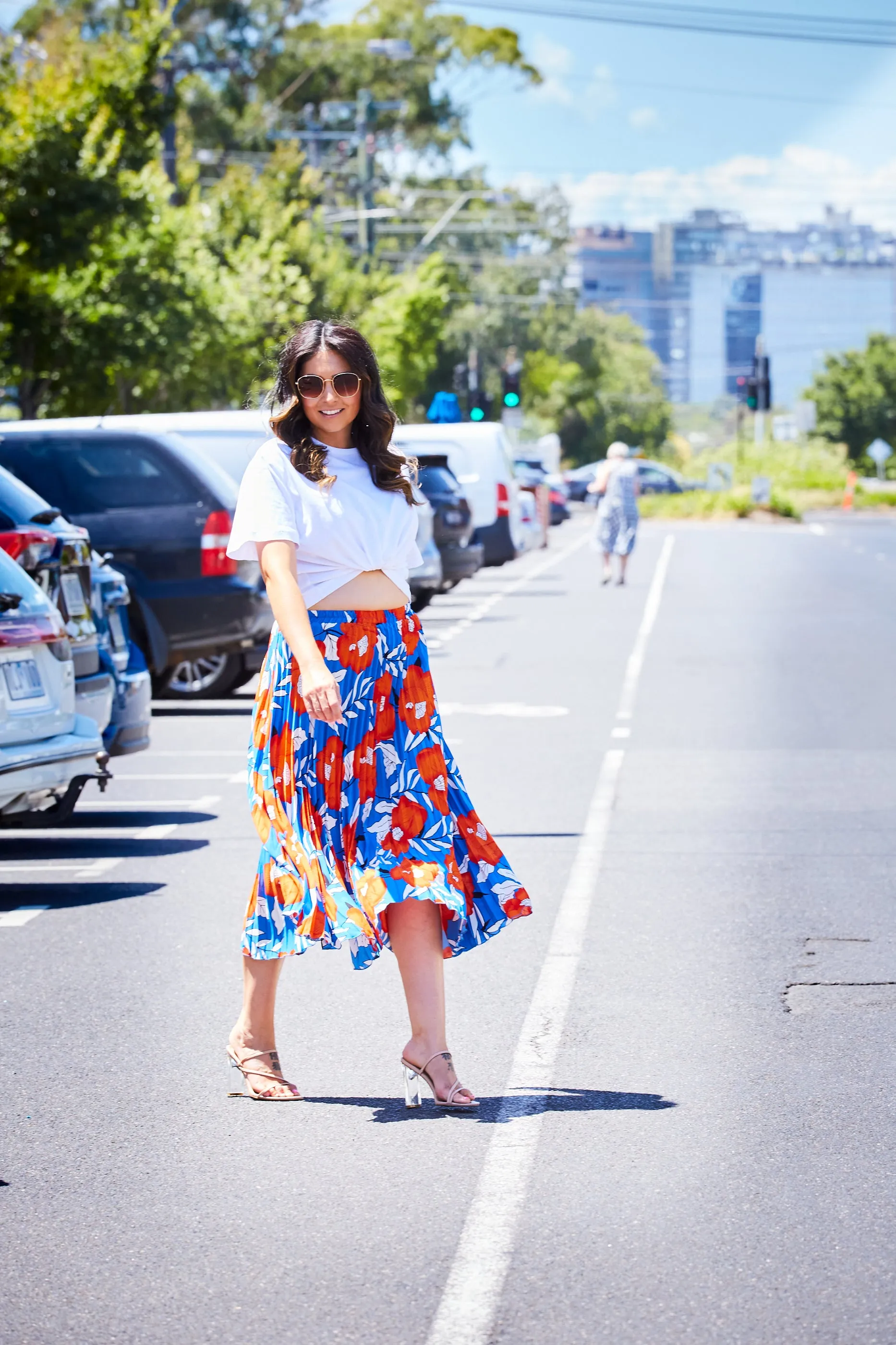 Pleated Midi Skirt - Floral Orange