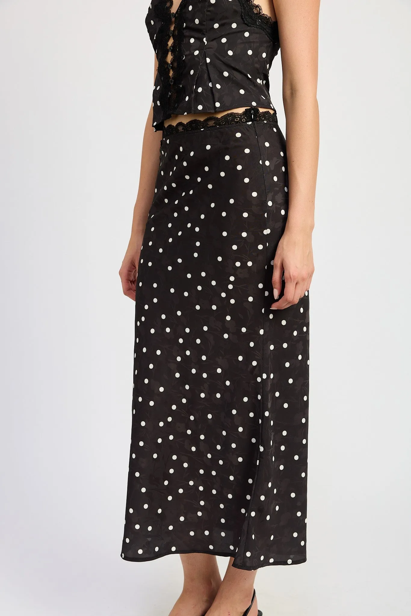 Polka Dot Satin Midi Skirt with Lace Trim
