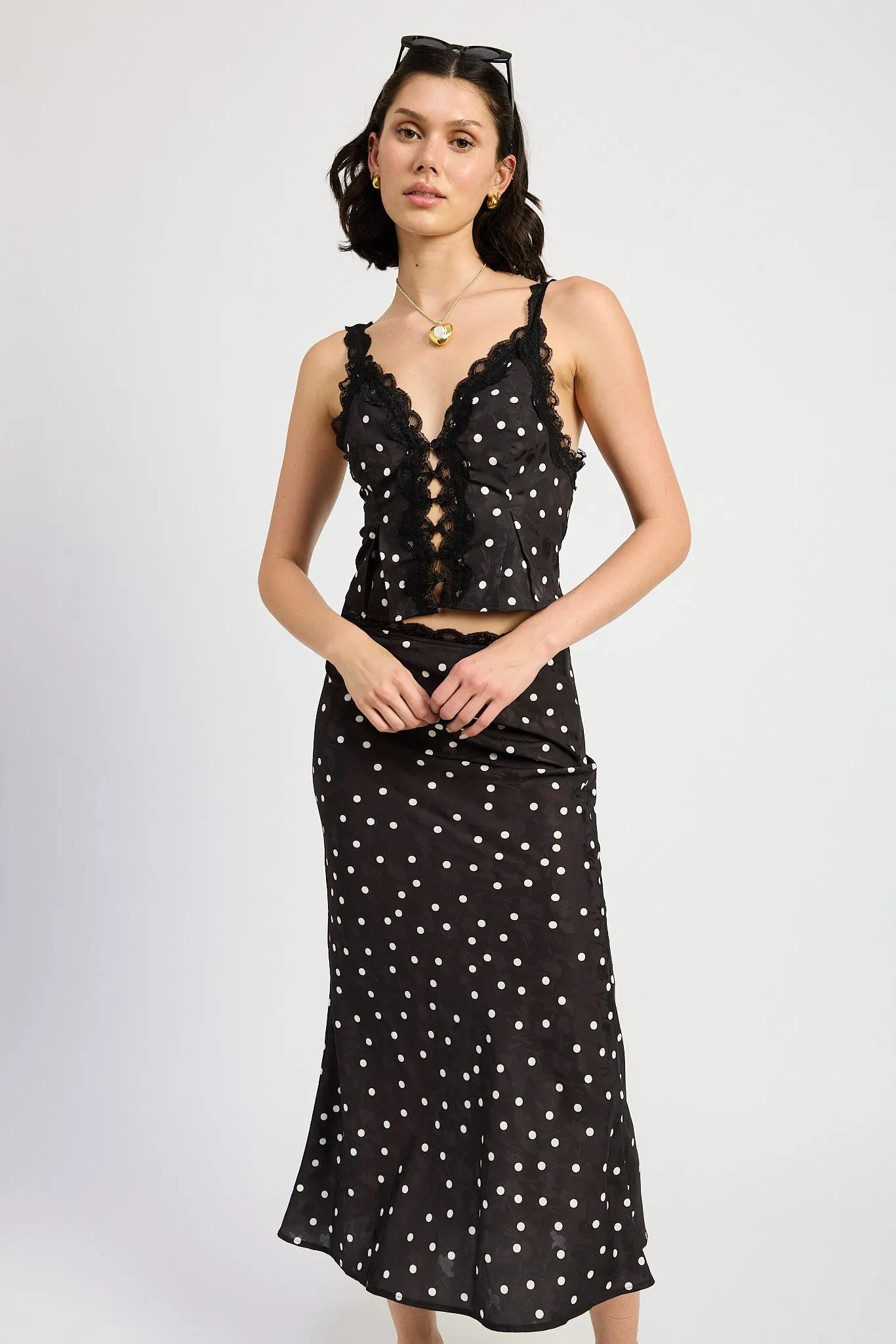 Polka Dot Satin Midi Skirt with Lace Trim