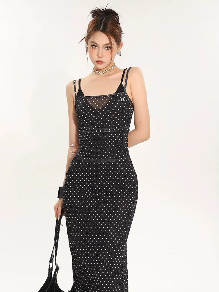 Polka Dot Sleeveless Midi Bodycon Dress