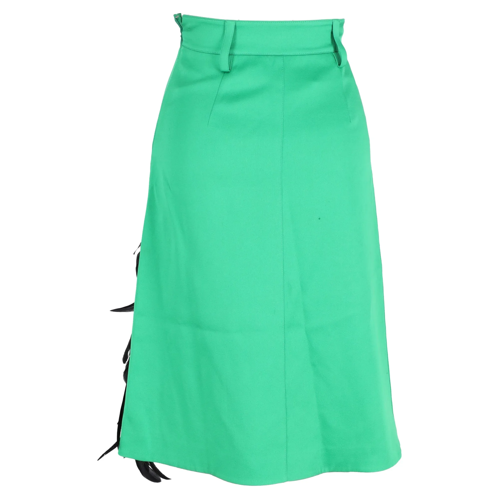 Prada Feather-Trimmed Knee-Length A-Line Skirt in Green Wool
