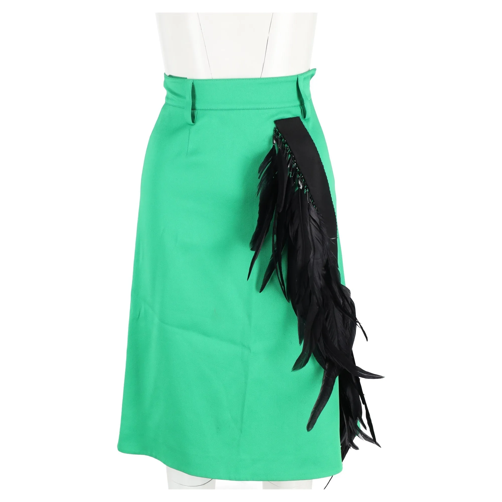Prada Feather-Trimmed Knee-Length A-Line Skirt in Green Wool