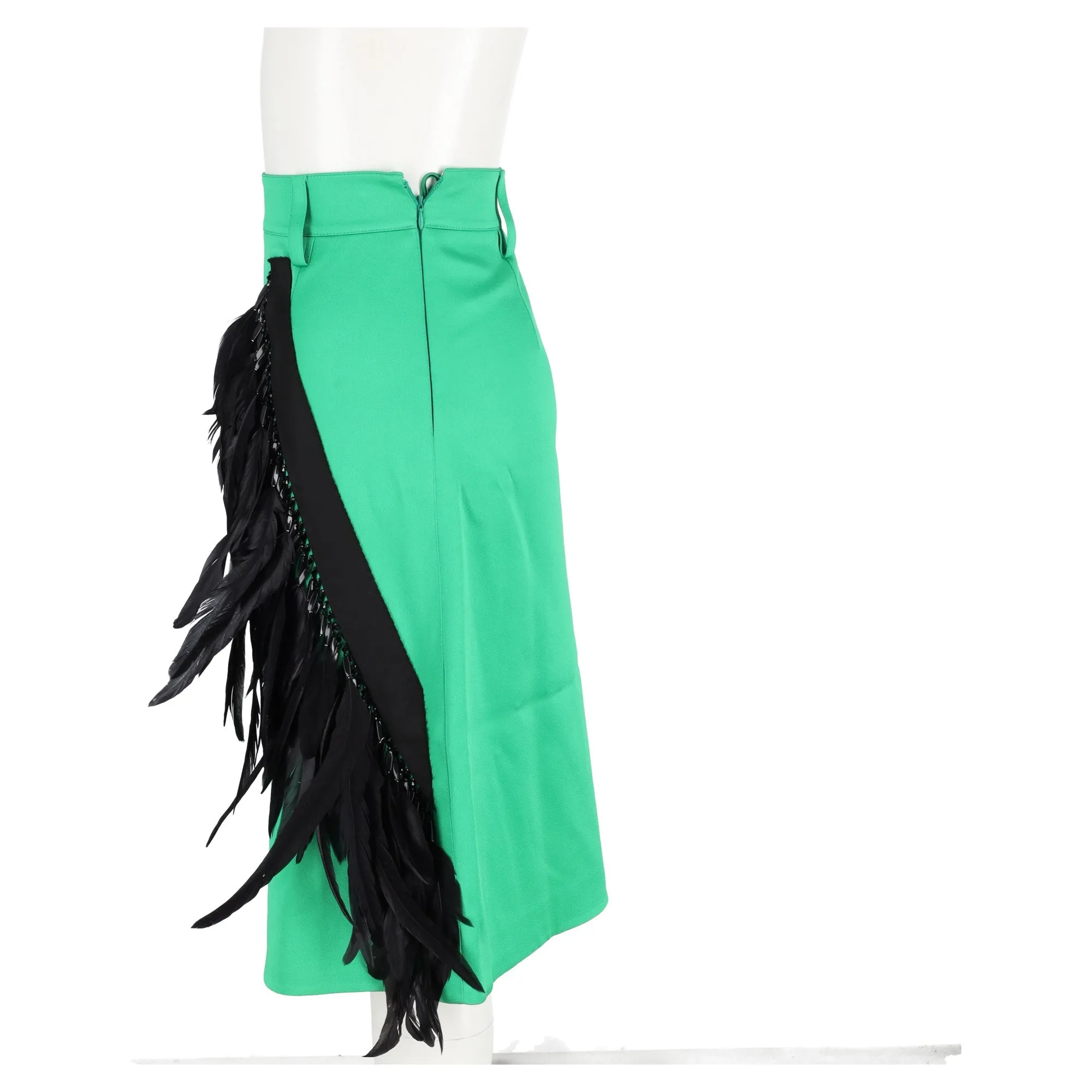 Prada Feather-Trimmed Knee-Length A-Line Skirt in Green Wool