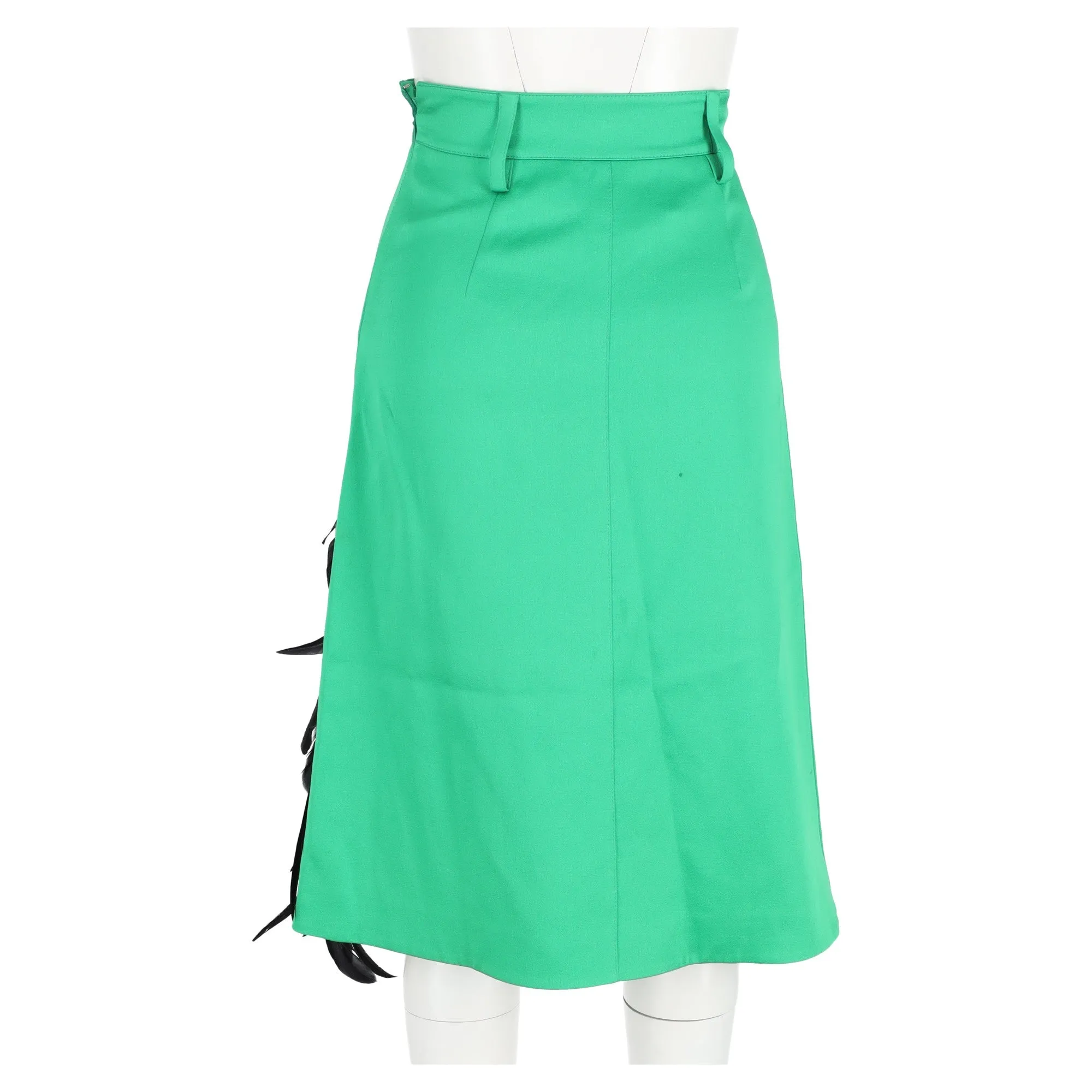 Prada Feather-Trimmed Knee-Length A-Line Skirt in Green Wool