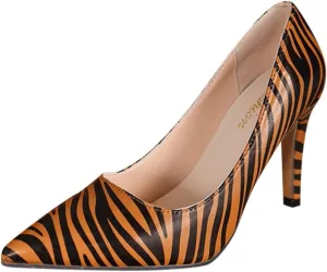 Pumps for Women Sexy, Trendy Zebra Print Pointed Toe Stilettos Comfortable Leather Slip-on Casual Heels for Women Ladies Wedding Walking Brown