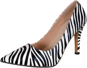 Pumps for Women Sexy, Trendy Zebra Print Pointed Toe Stilettos Comfortable Leather Slip-on Casual Heels for Women Ladies Wedding Walking White