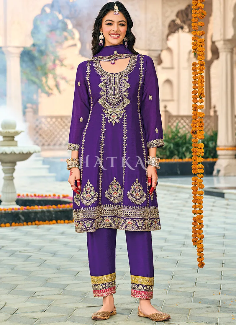 Purple Multi Embroidered Punjabi Style Suit