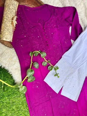 Purple Rayon Quraishiya Button Kurta with Stunning Mukesh Embellishments