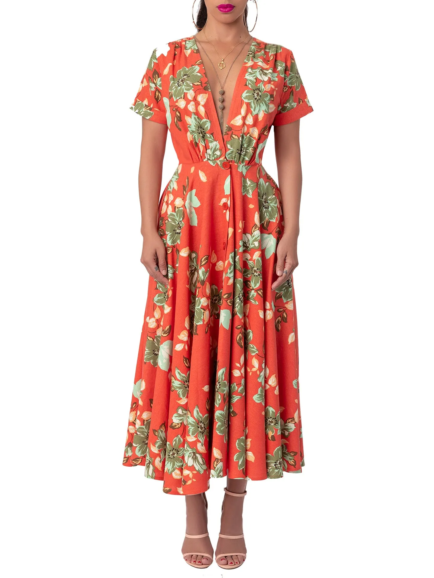 "Mai Tai" Floral Coral Gathered Midi Dress