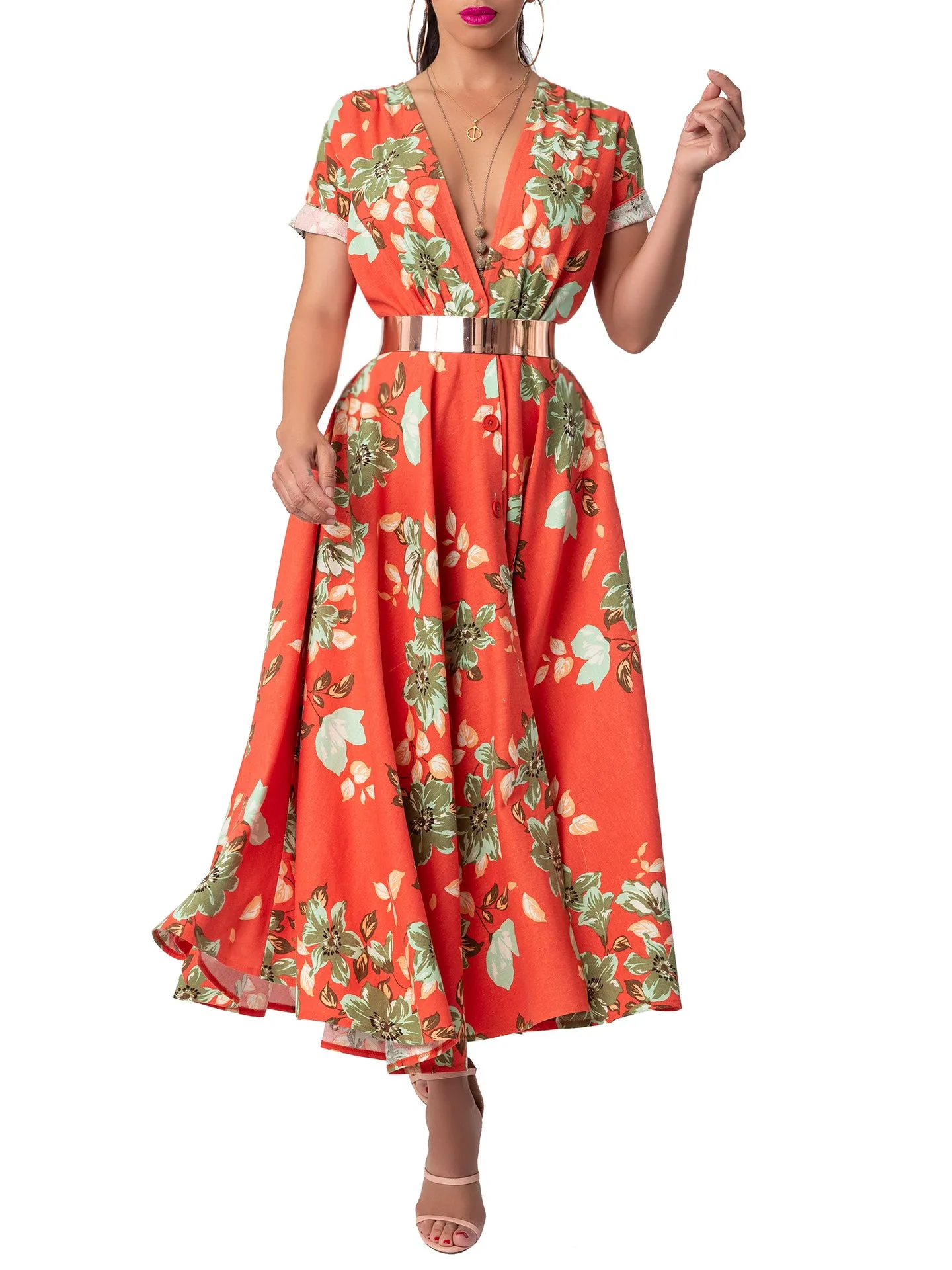 "Mai Tai" Floral Coral Gathered Midi Dress