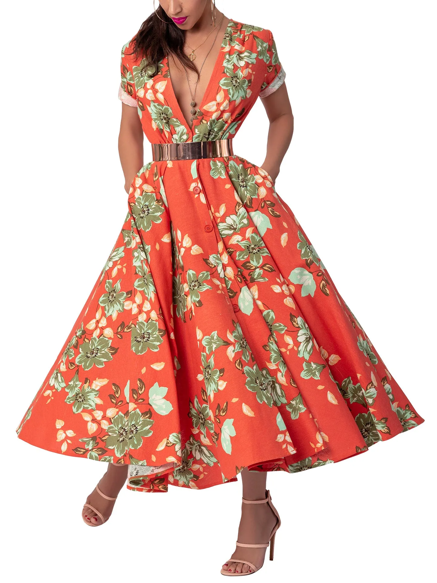 "Mai Tai" Floral Coral Gathered Midi Dress