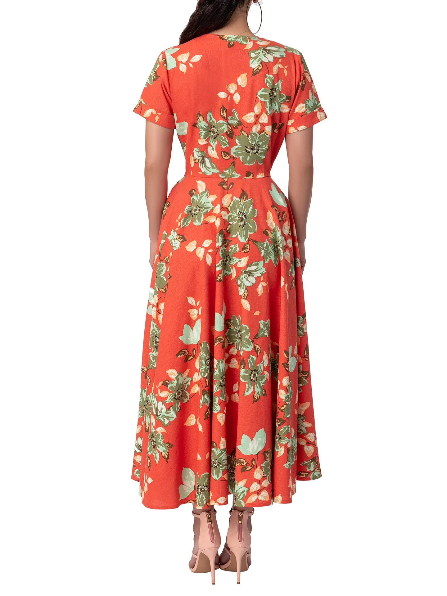 "Mai Tai" Floral Coral Gathered Midi Dress
