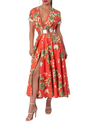 "Mai Tai" Floral Coral Gathered Midi Dress