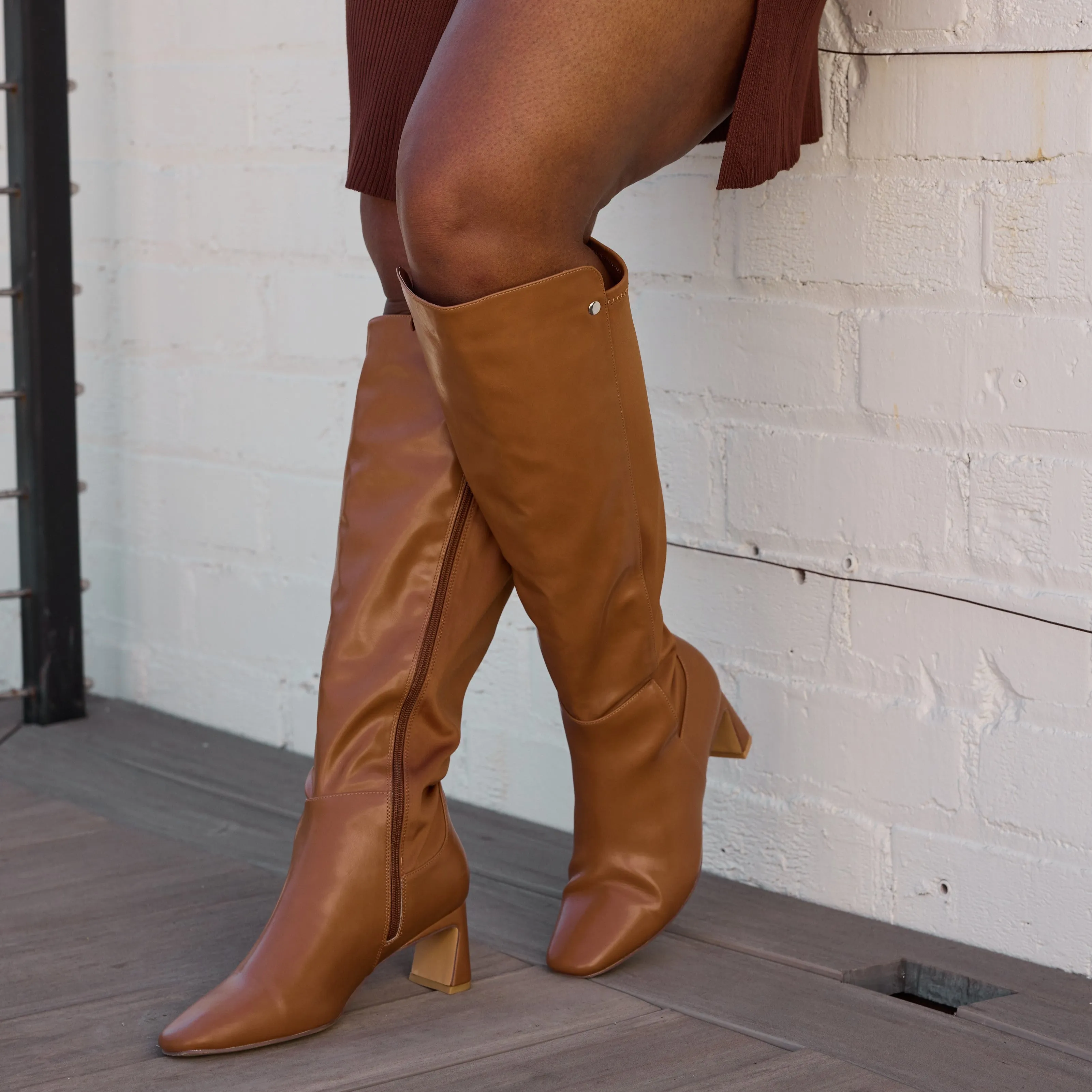 "Wide Calf" Block Heel Knee High Dress Boots LIGHT BROWN