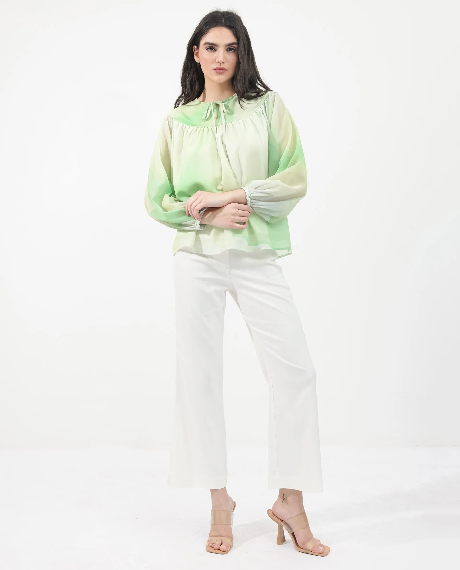 Rareism Women Alic Green Polyester Fabric Full Sleeve Round Neck Top