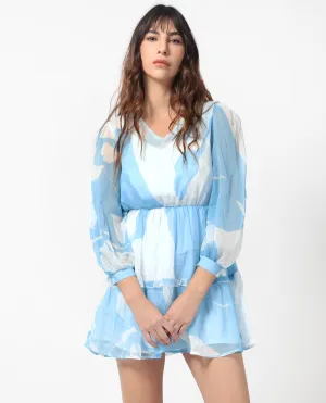 Rareism Women Cadence Blue Polyester Fabric 3/4Th Sleeves V-Neck Regular Fit Abstract Print Short Boxy Dress