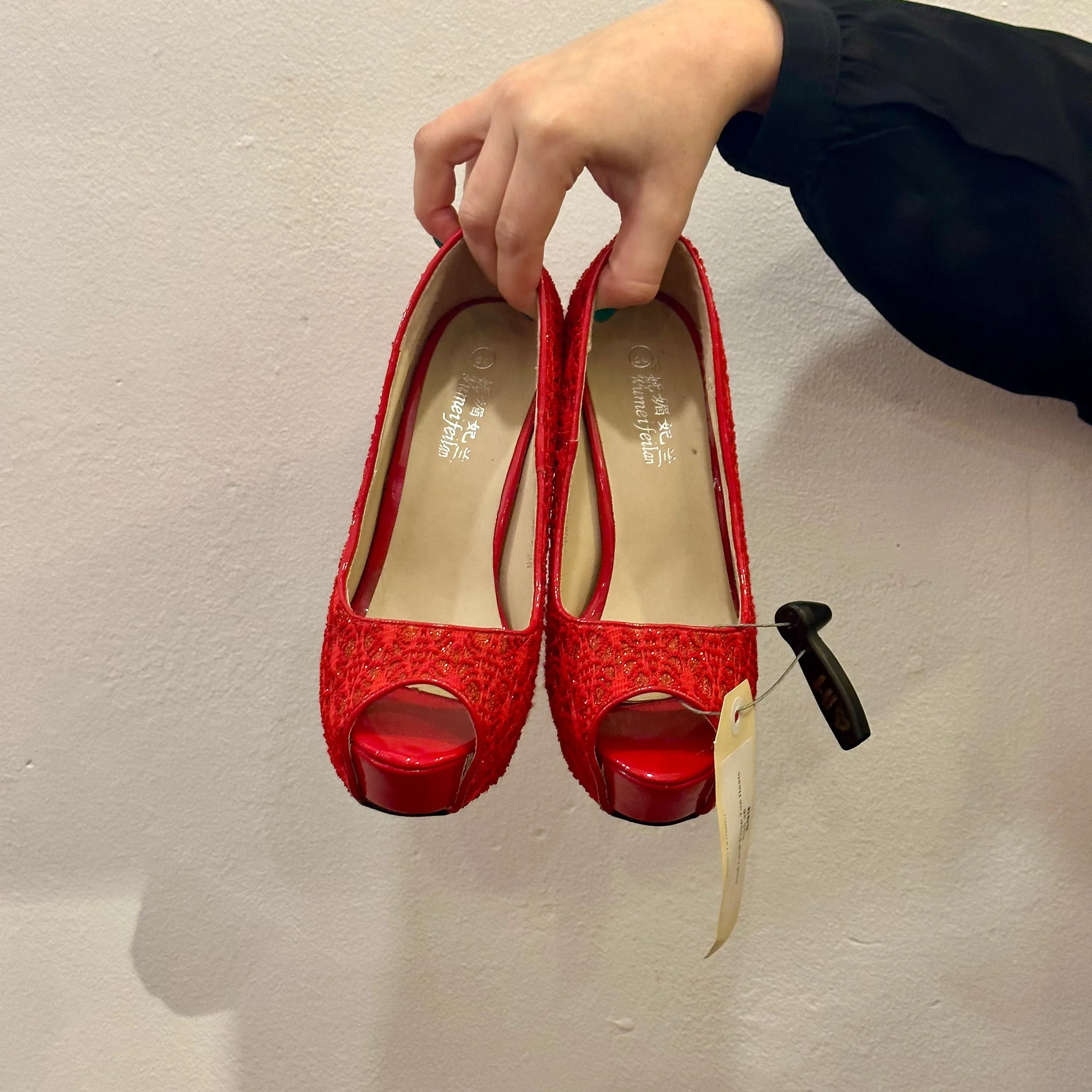 Red Lace Peep Toe Heels