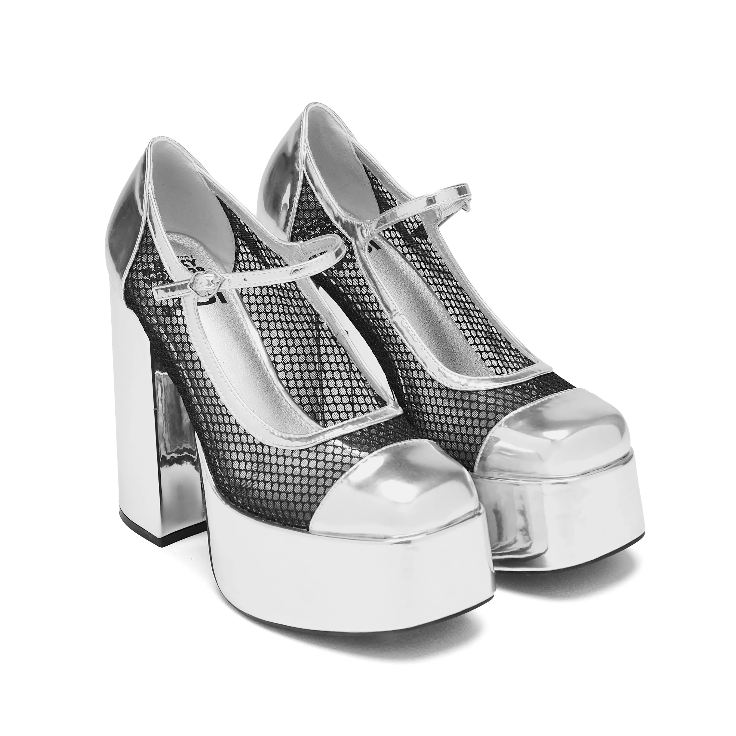 Regular Frankie Fan Fishnet Platform Heels - Silver