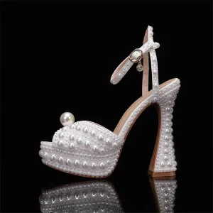 Rhinestone Heels for Women Chunky Platform Heels Peep Toe Ankle Buckle Comfort Strappy Wedding Bridal Shoes 5.5" Pumps