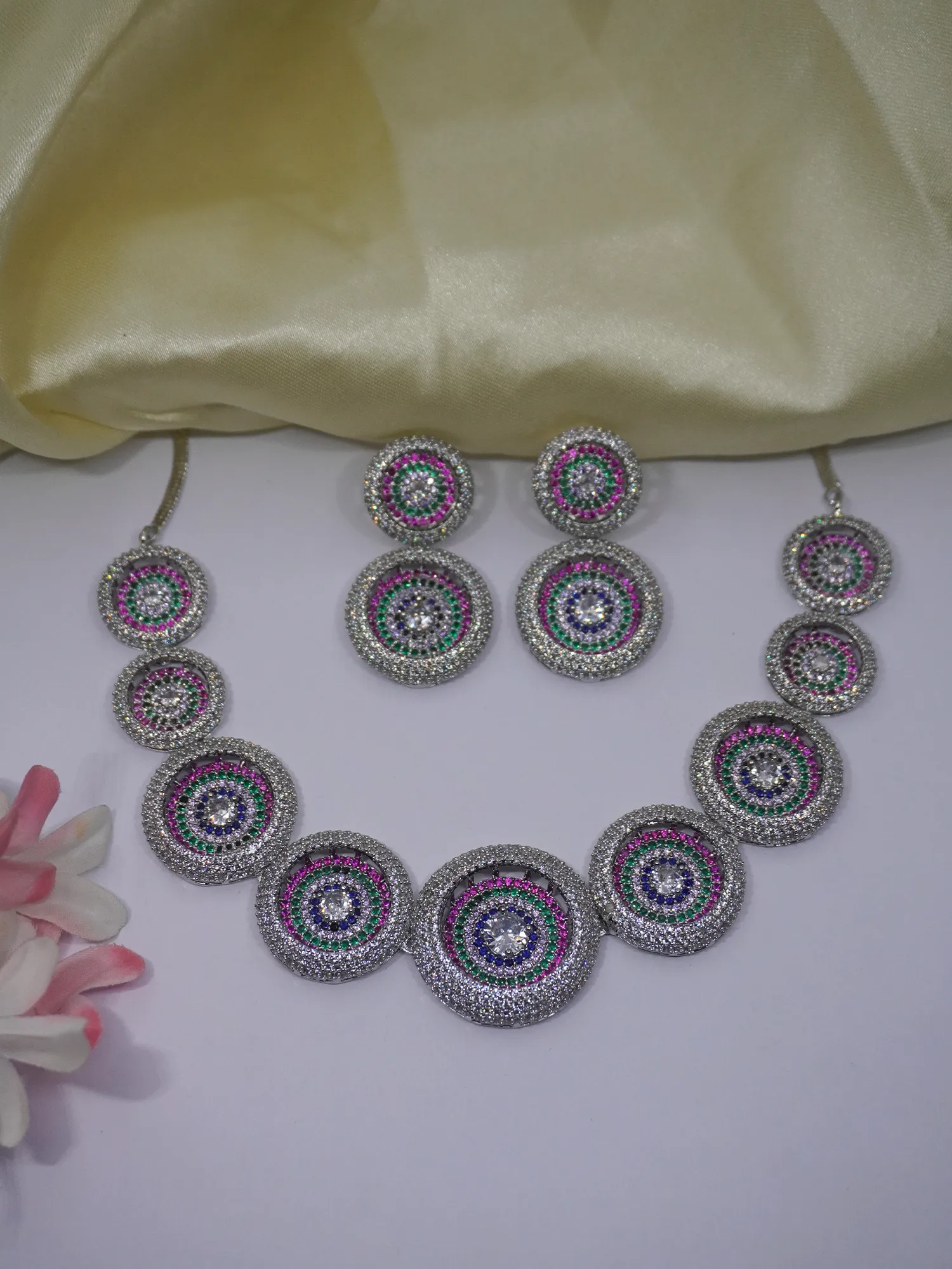 Rhodium Plated Multi Colored CZ Circular Necklace and Earrings Set