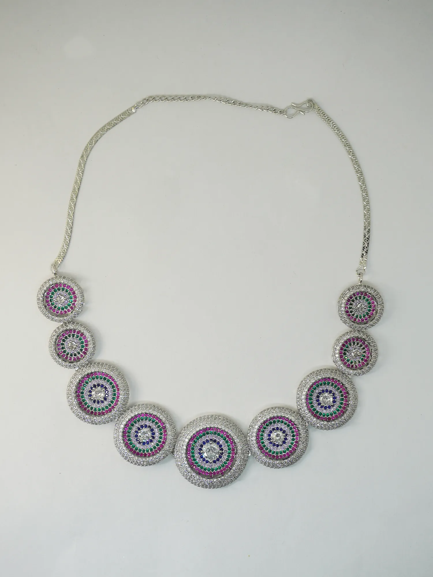 Rhodium Plated Multi Colored CZ Circular Necklace and Earrings Set