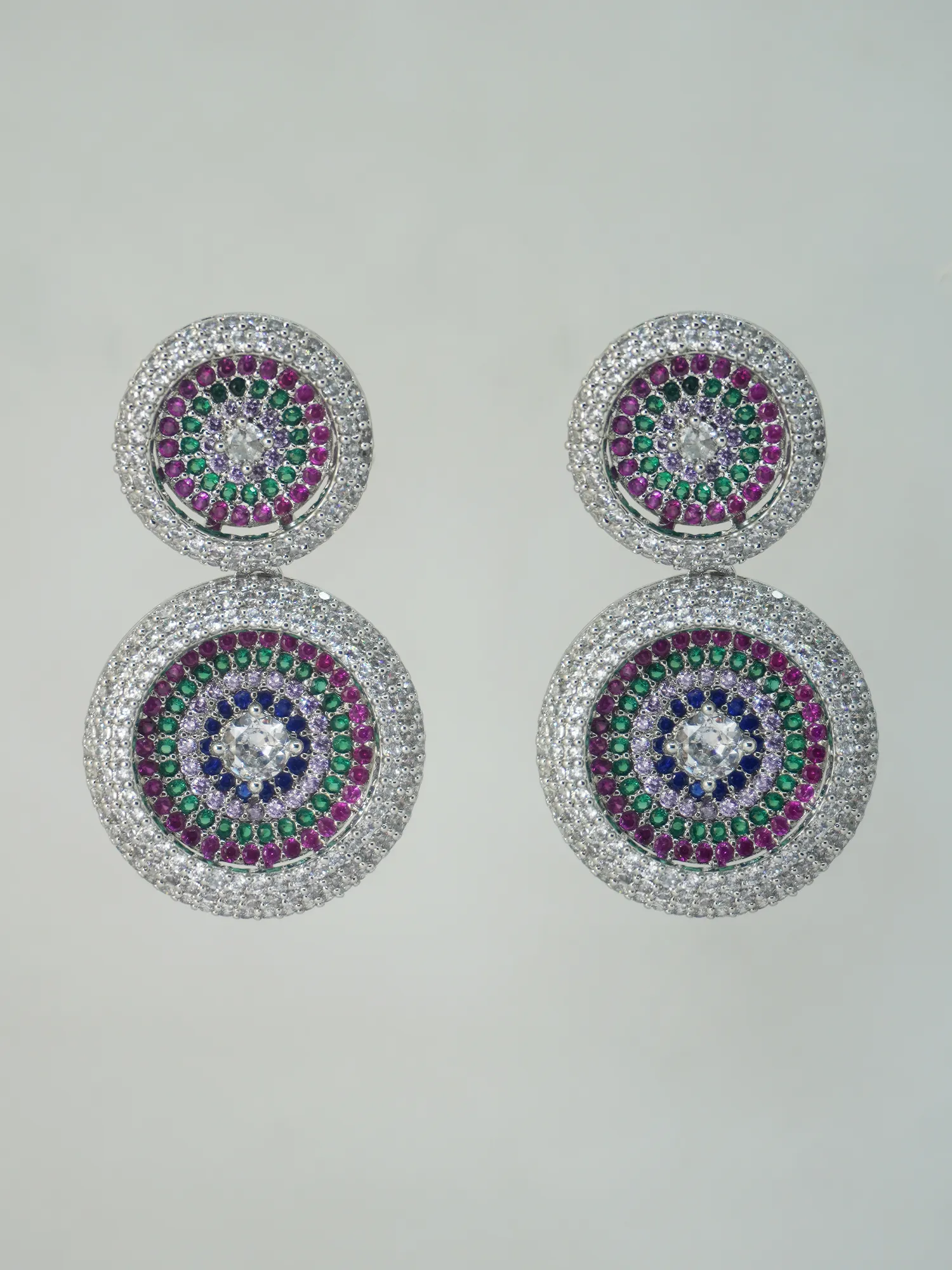 Rhodium Plated Multi Colored CZ Circular Necklace and Earrings Set