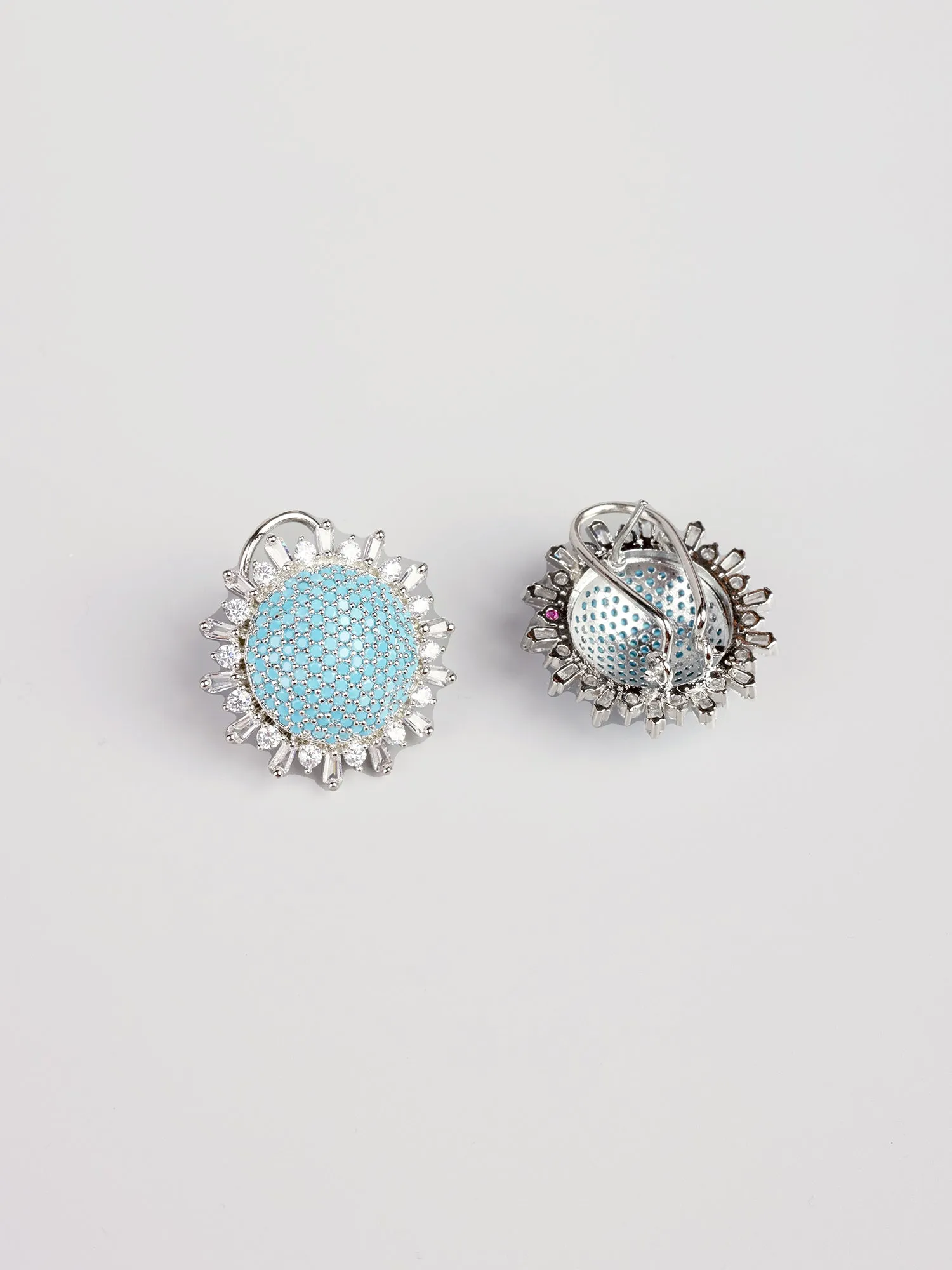 Rhodium-Plated White and Blue Round Earrings