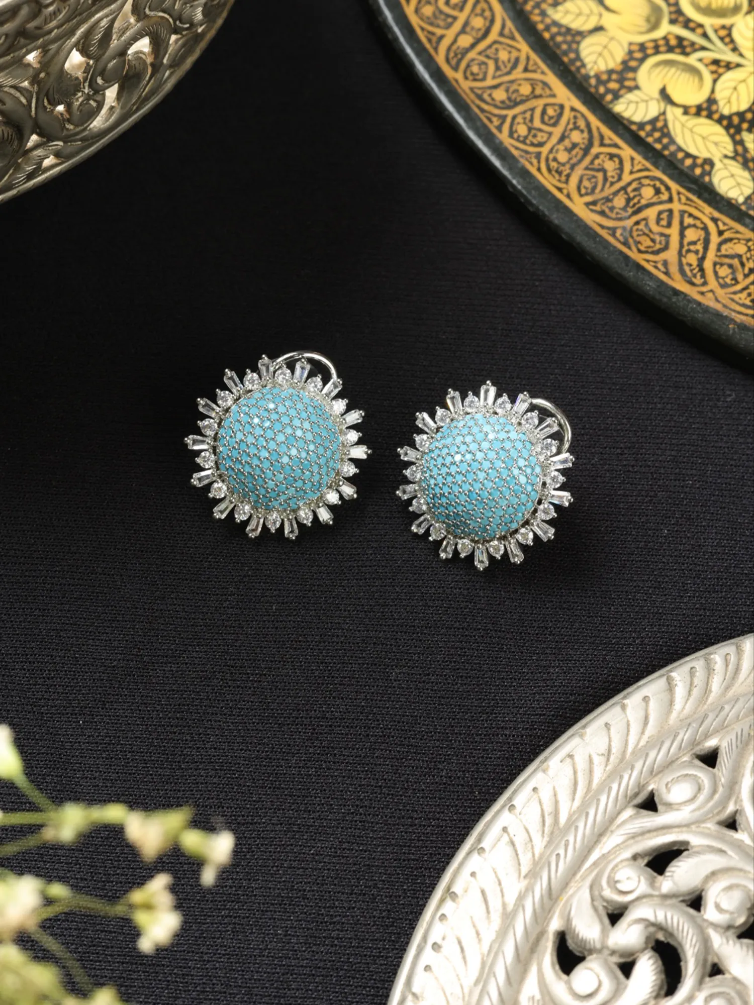 Rhodium-Plated White and Blue Round Earrings