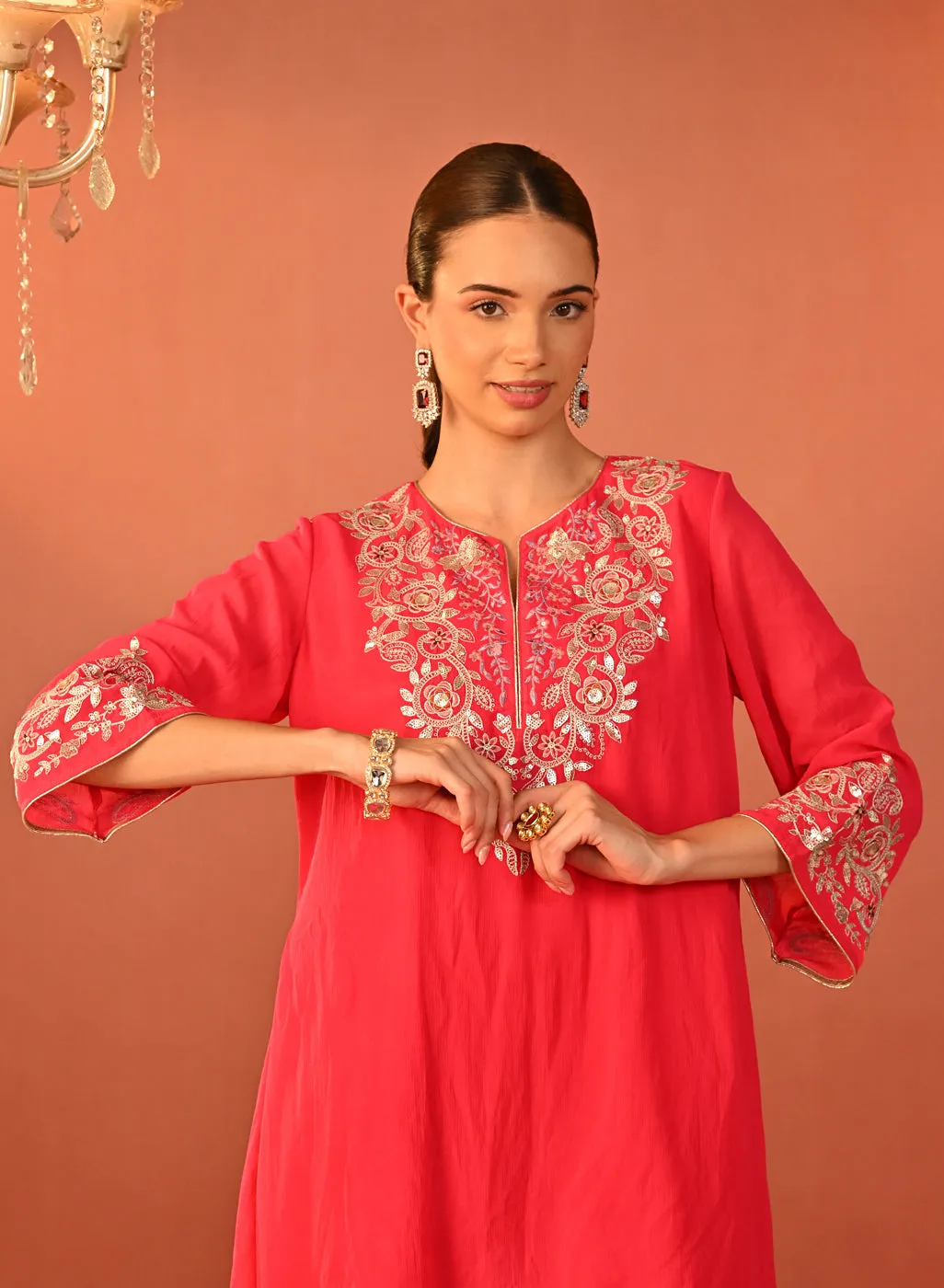 Rida Fuchsia Embroidered Chiffon Co-ord Set for Women