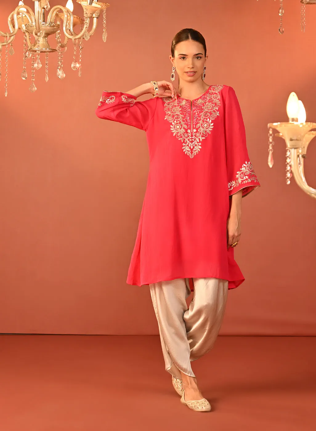 Rida Fuchsia Embroidered Chiffon Co-ord Set for Women