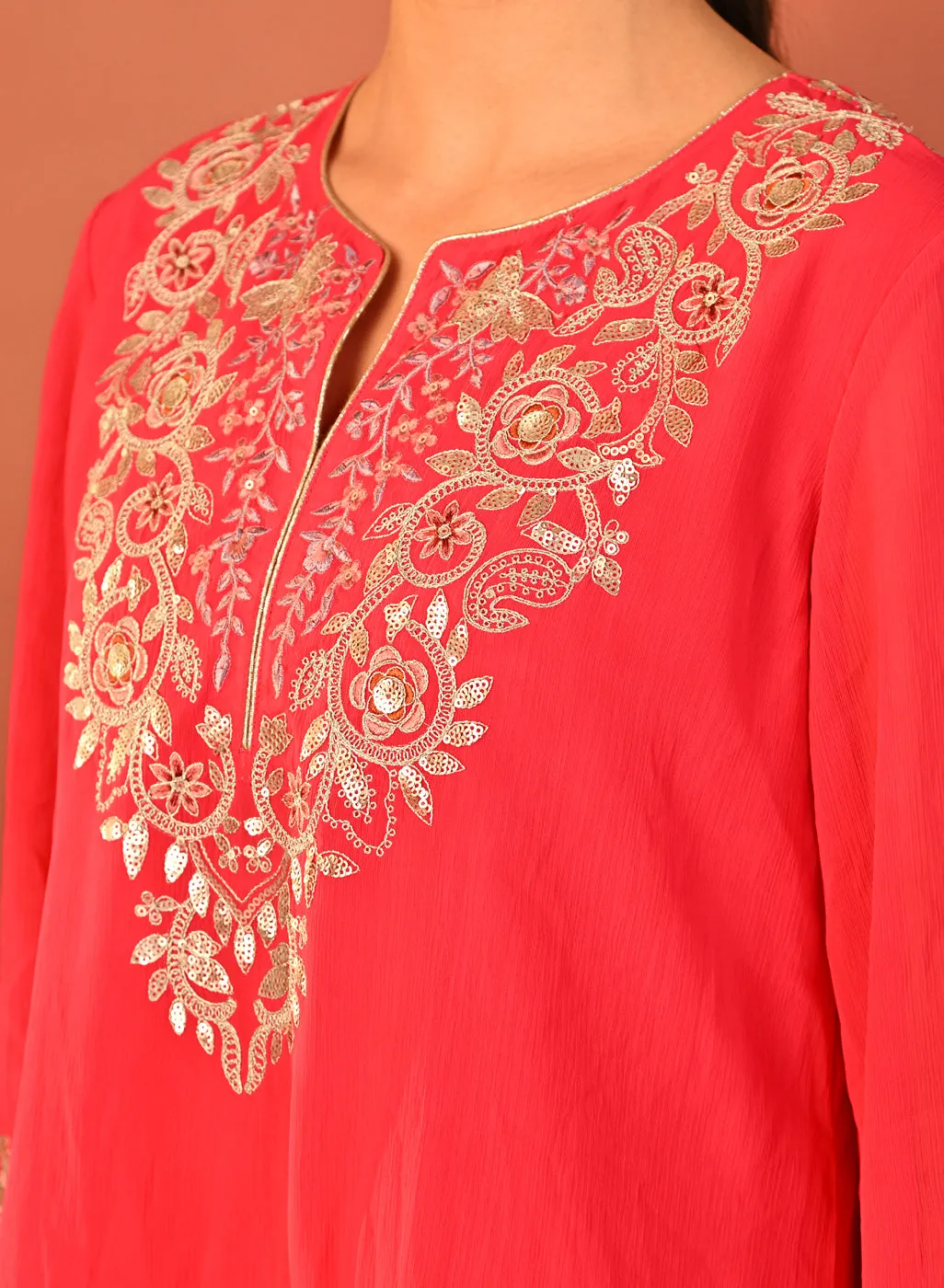 Rida Fuchsia Embroidered Chiffon Co-ord Set for Women
