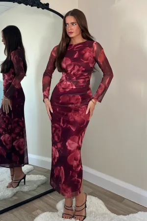Riley Mesh Midi Dress - Wine Floral