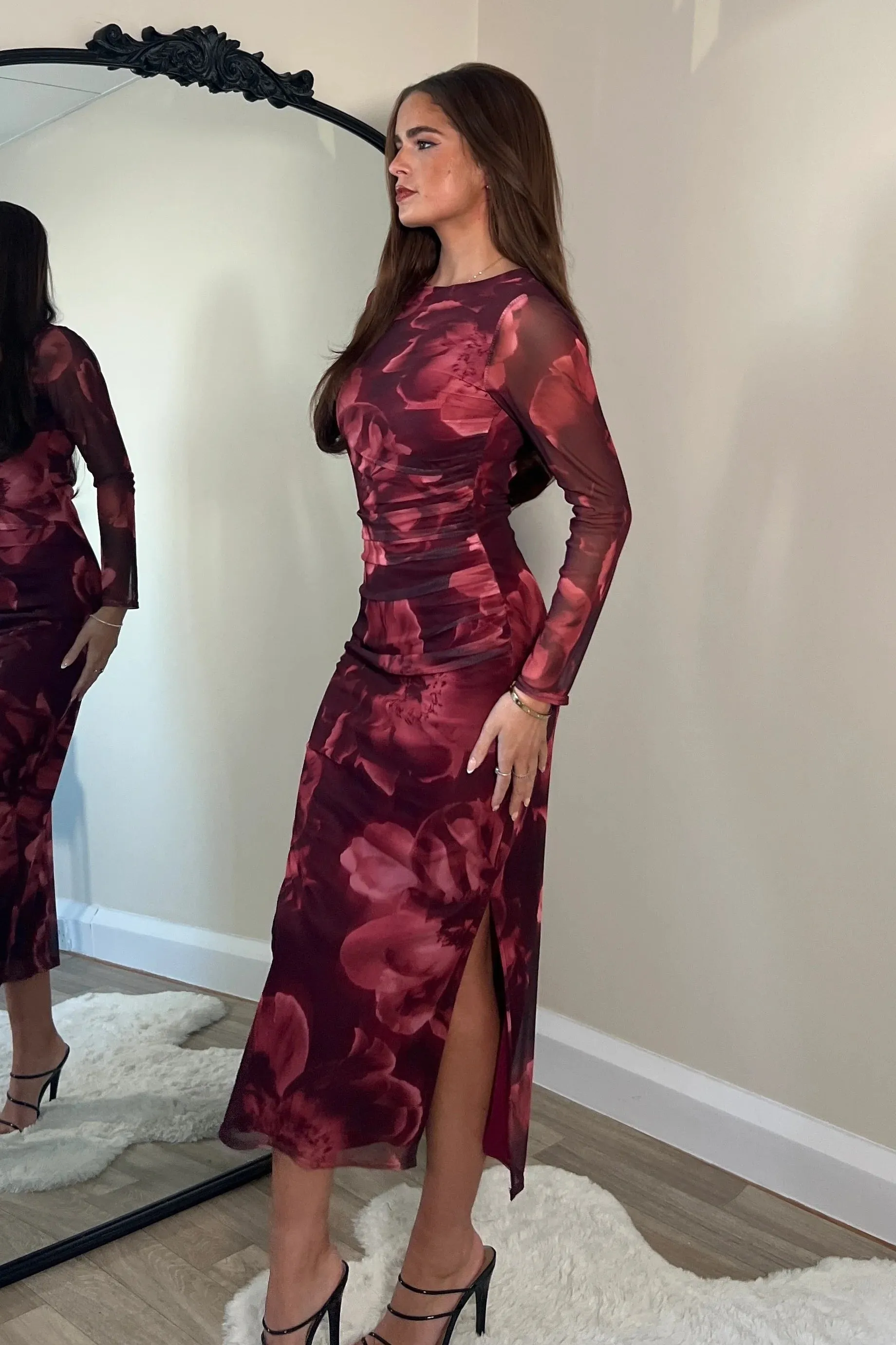 Riley Mesh Midi Dress - Wine Floral