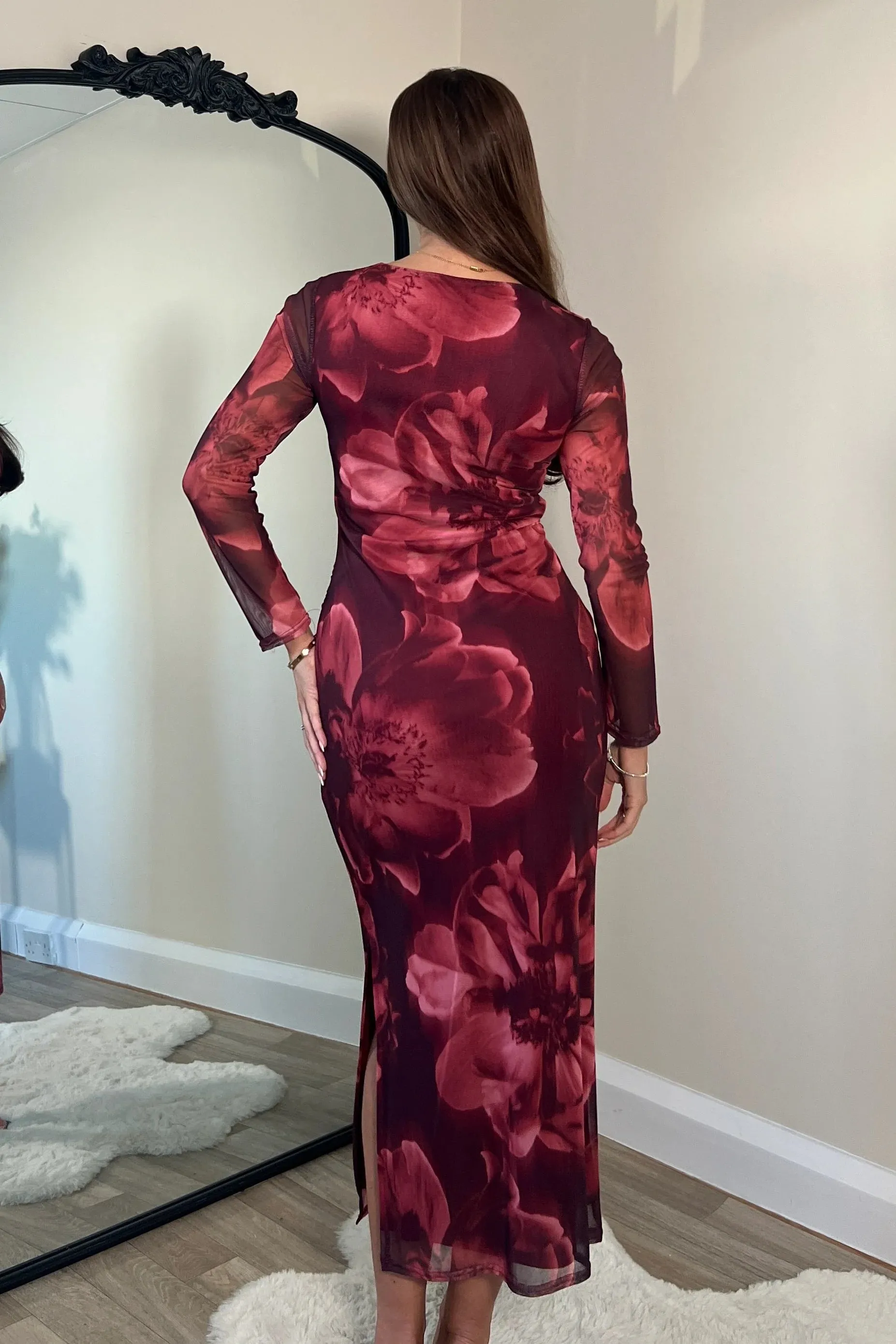Riley Mesh Midi Dress - Wine Floral